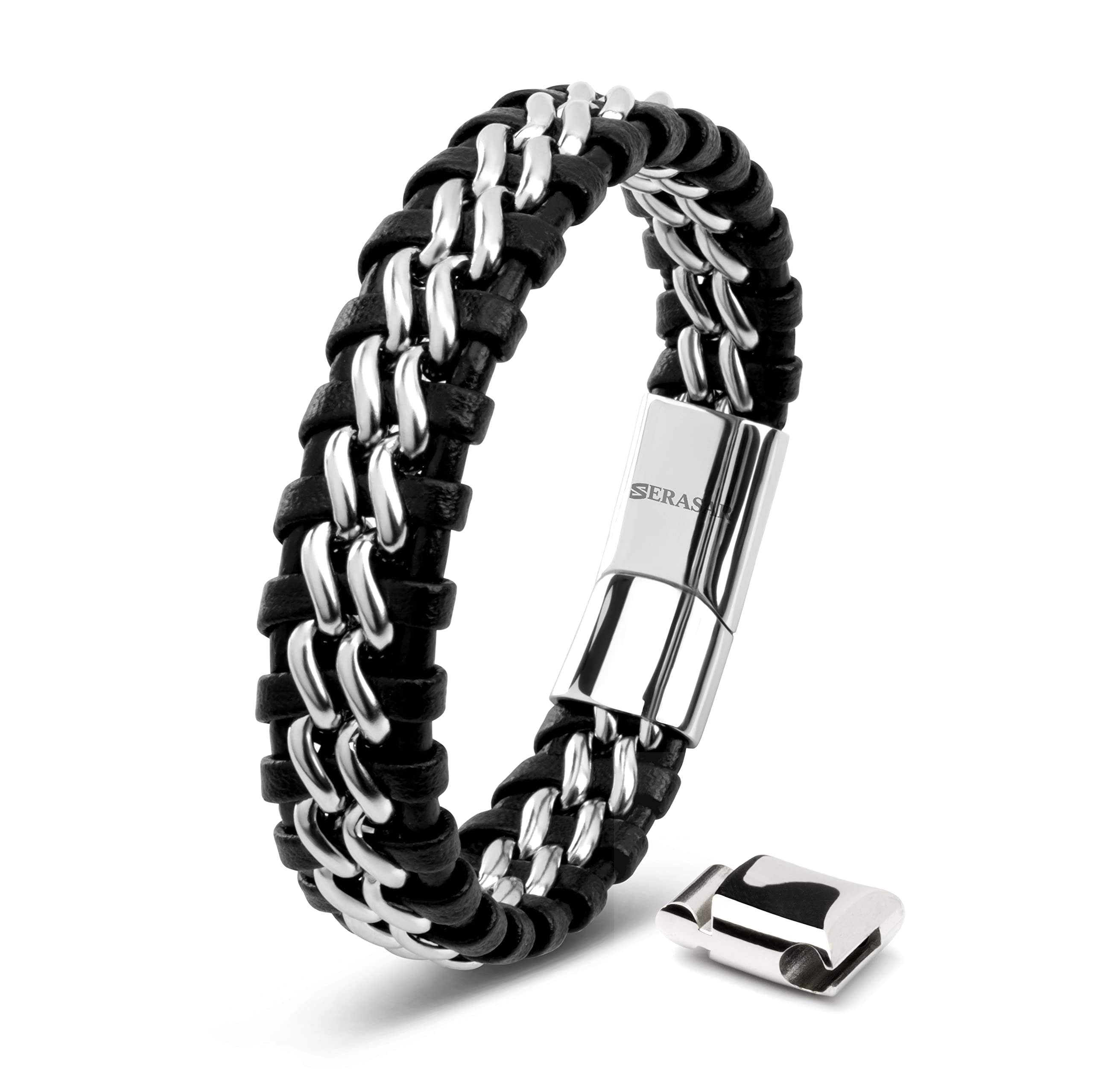 SERASAR Leather Bracelet for Man "Steel" with stainless steel magnetic closure, Silver 23cm, including gift box