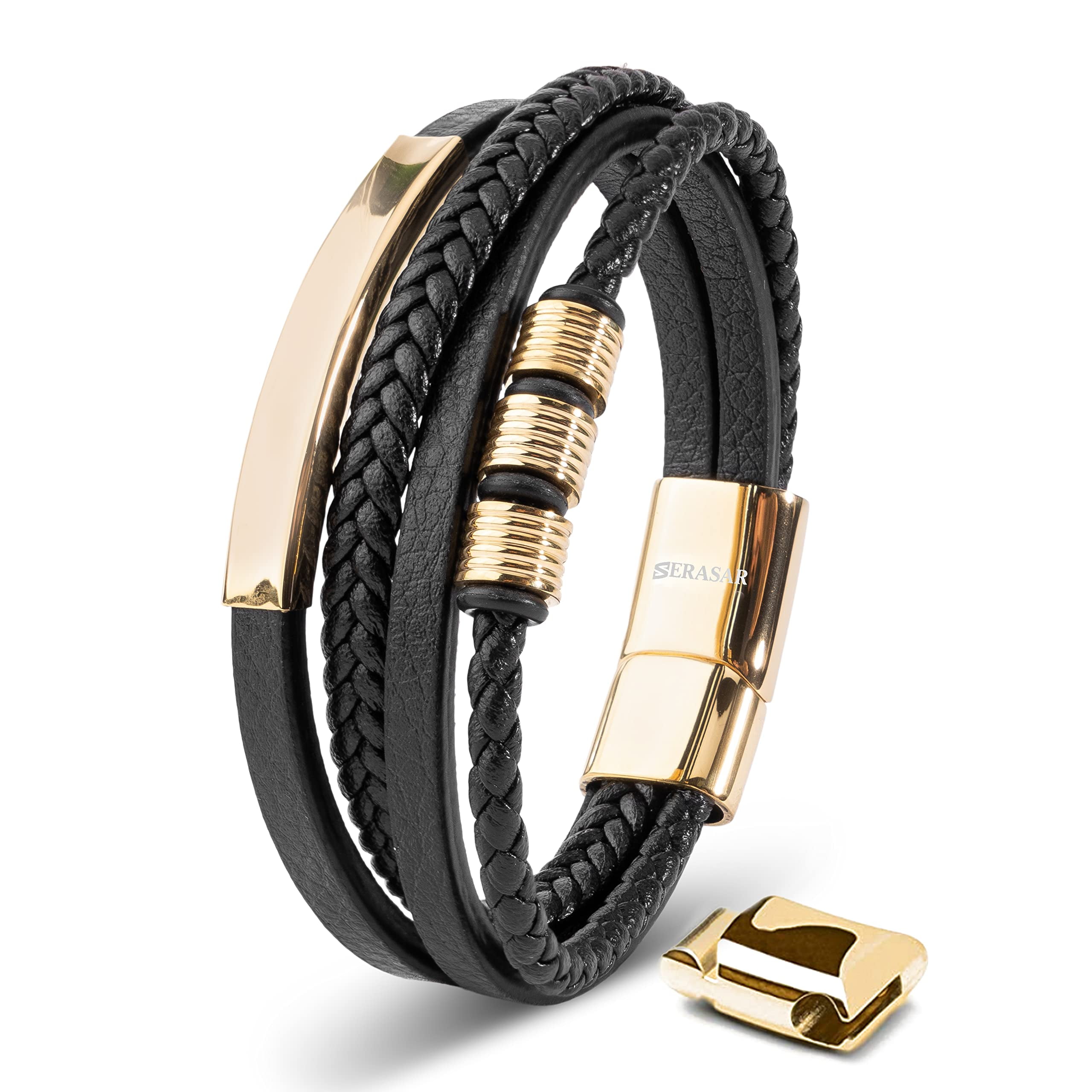SERASAR Leather Bracelet for Men "Brave" with stainless steel magnetic closure, Gold 17cm, including gift box