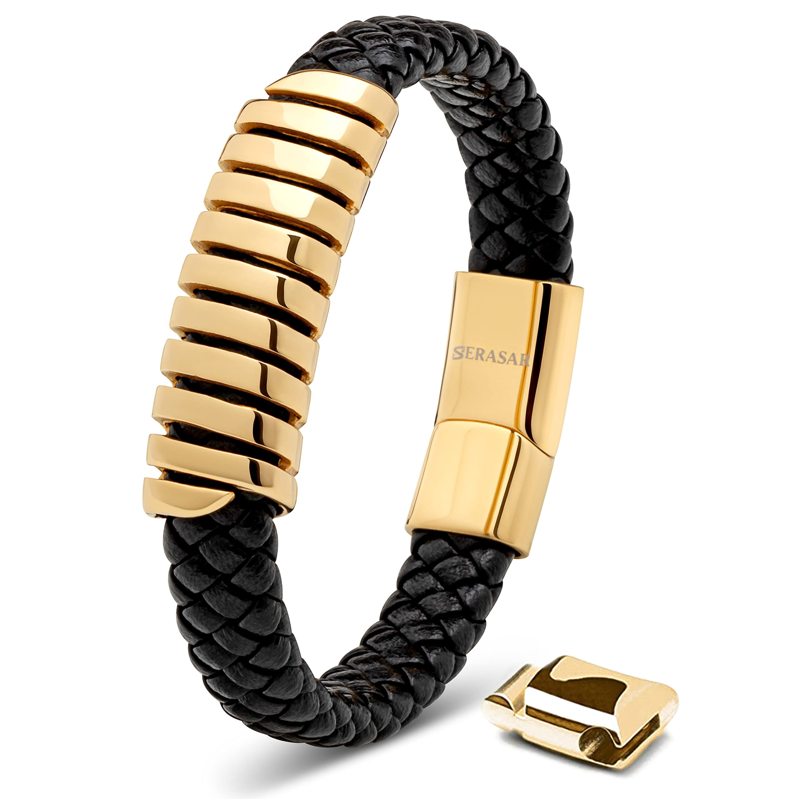 SERASAR Leather Bracelet for Men "Helix" with stainless steel magnetic closure, Gold 17cm, including gift box