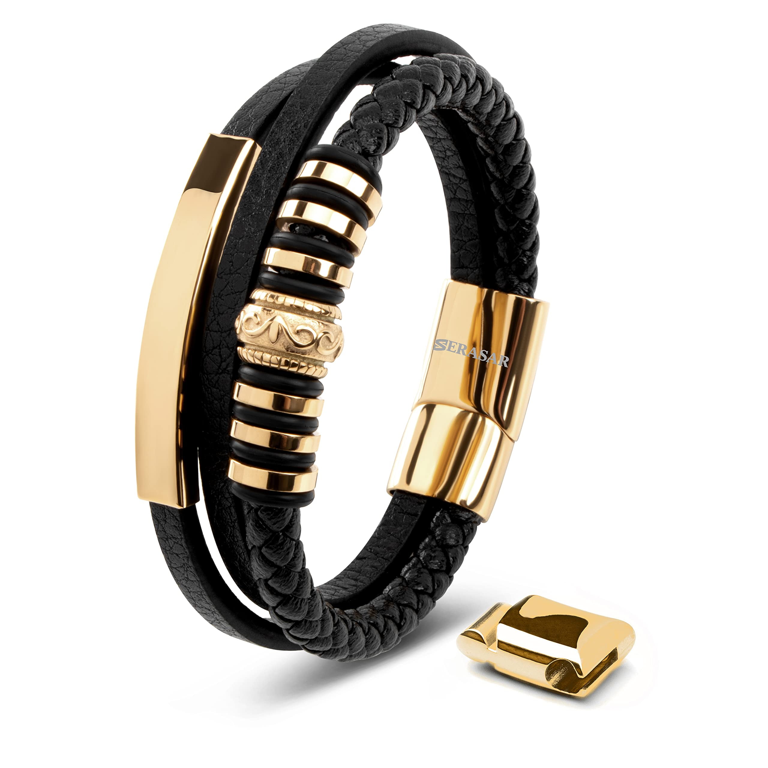 SERASAR Leather Bracelet for Man "Shine" with stainless steel magnetic closure, Gold 17cm, including gift box