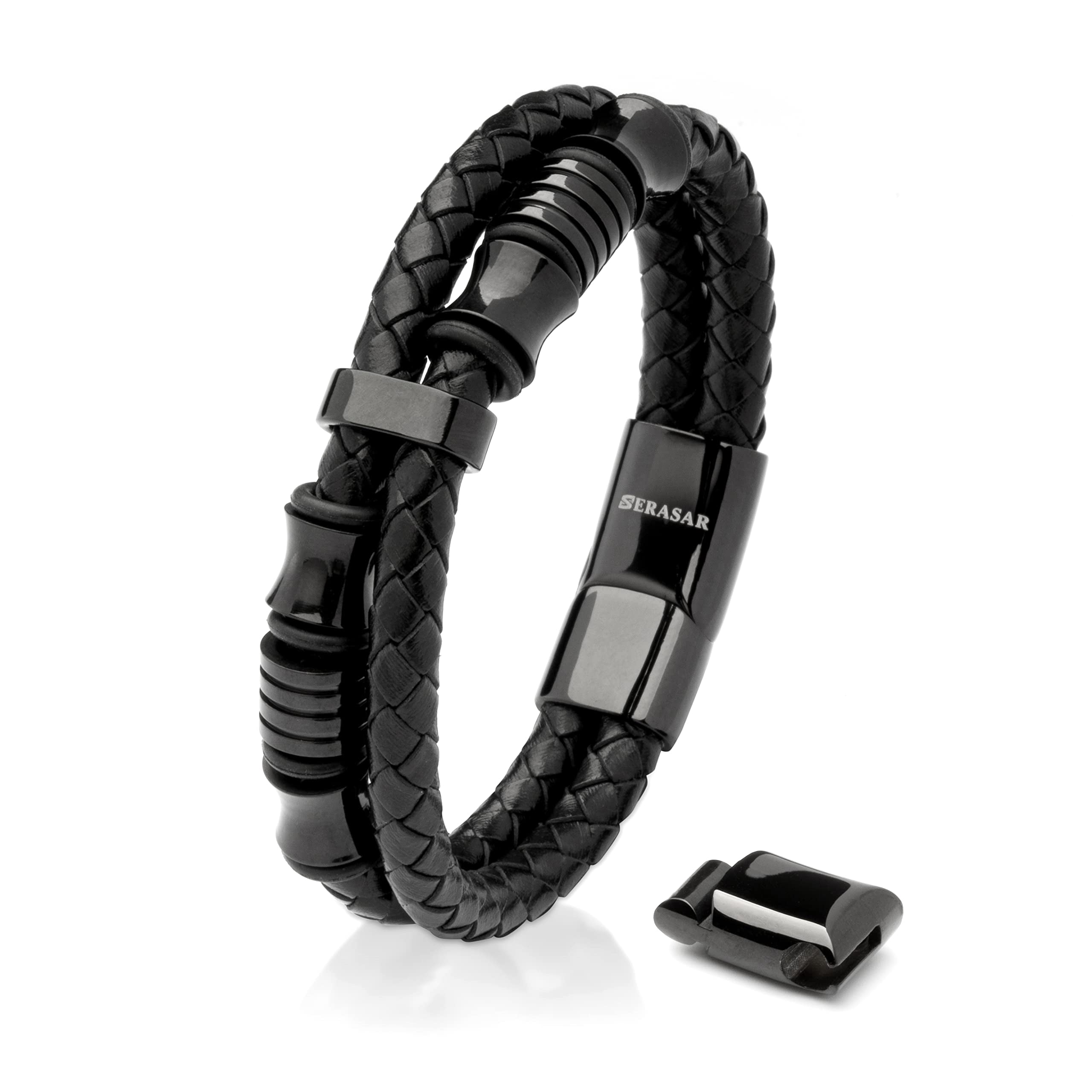 SERASAR Men's Premium Leather Bracelet "Spirit" with stainless steel magnetic closure, Black 23cm, including gift box