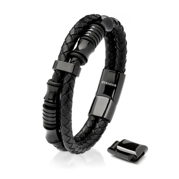 SERASAR Men's Premium Leather Bracelet "Spirit" with stainless steel magnetic closure, Black 23cm, including gift box