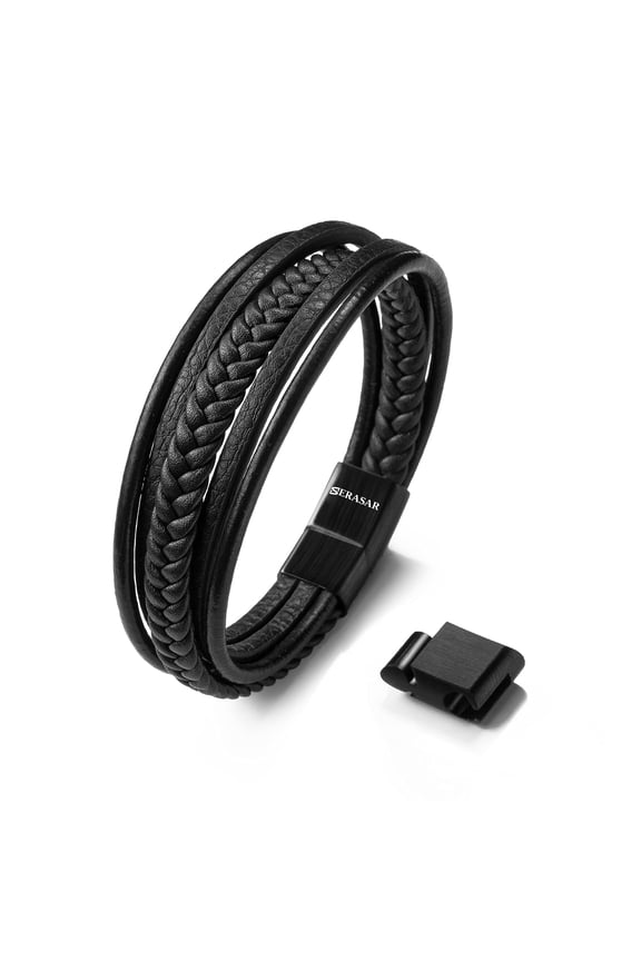 Men's Genuine Leather Bracelet "Braid" with stainless steel magnetic closure, Black 21cm, including gift box