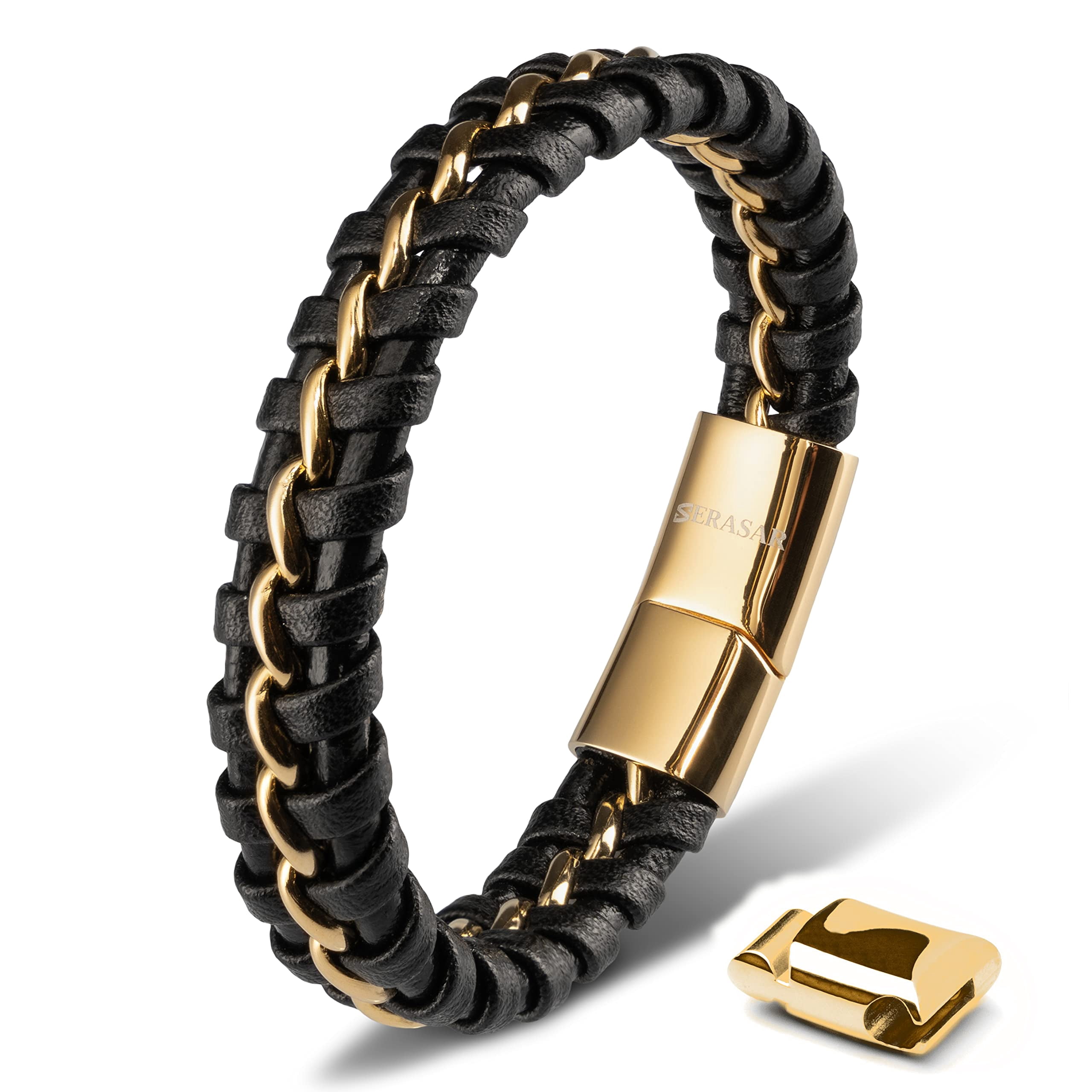 SERASAR Leather Bracelet for Man "Joy" with stainless steel magnetic closure, Gold 20cm, including gift box