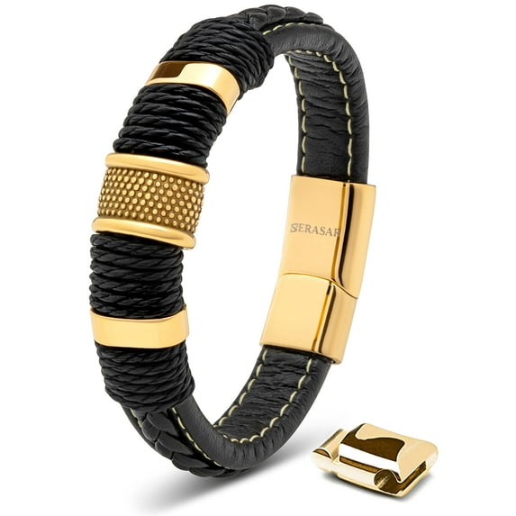 SERASAR Men's Leather Bracelet "Ring" with stainless steel magnetic closure, Gold 20cm, including gift box