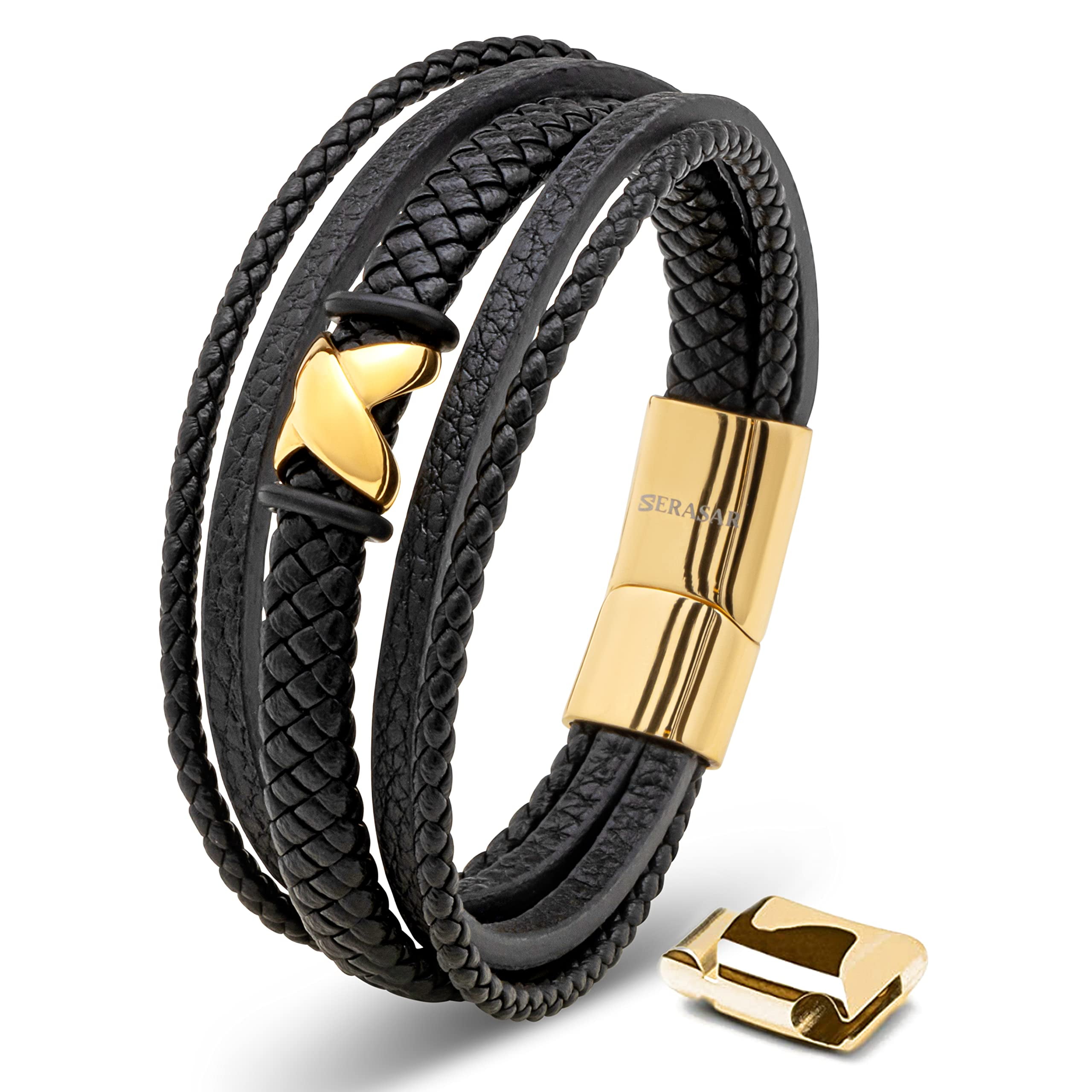 SERASAR Men's Premium Leather Bracelet "Flake" with stainless steel magnetic closure, Gold 20cm, including gift box