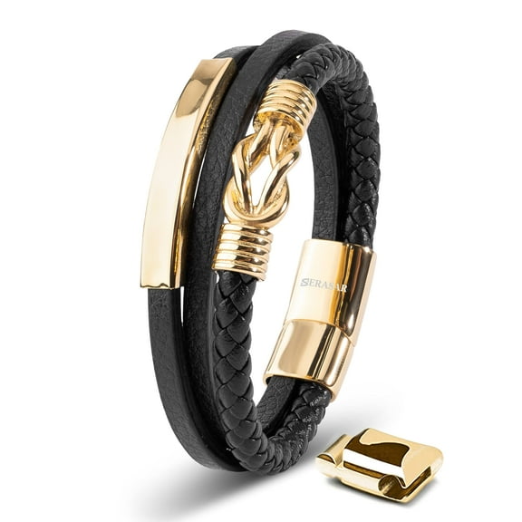SERASAR Men's Leather Bracelet "Proud" with stainless steel magnetic closure, Gold 20cm, including gift box