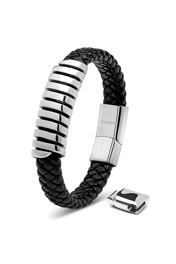 Leather Bracelet for Men "Helix" with stainless steel magnetic closure, Silver 20cm, including gift box