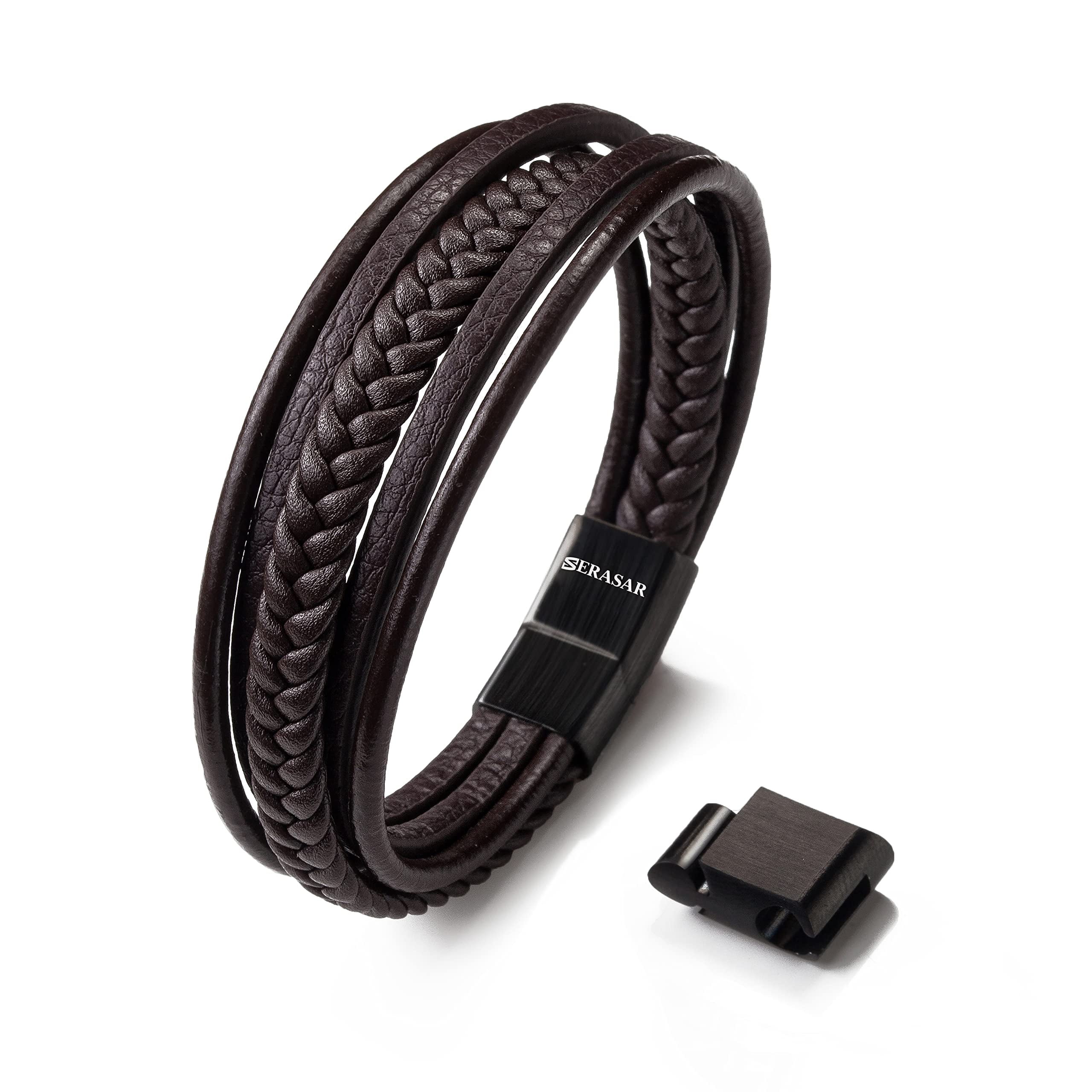 SERASAR Men's Vintage Leather Bracelet – Magnetic Closure, Adjustable Sizes