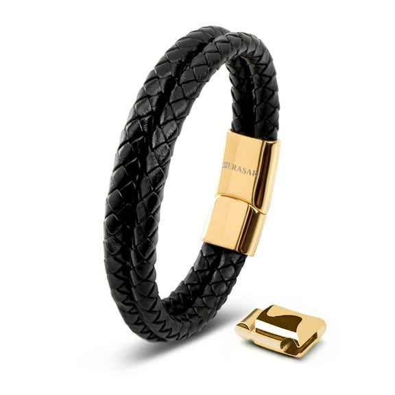 SERASAR Leather Bracelet for Men "Double" with stainless steel magnetic closure, Gold 17cm, including gift box