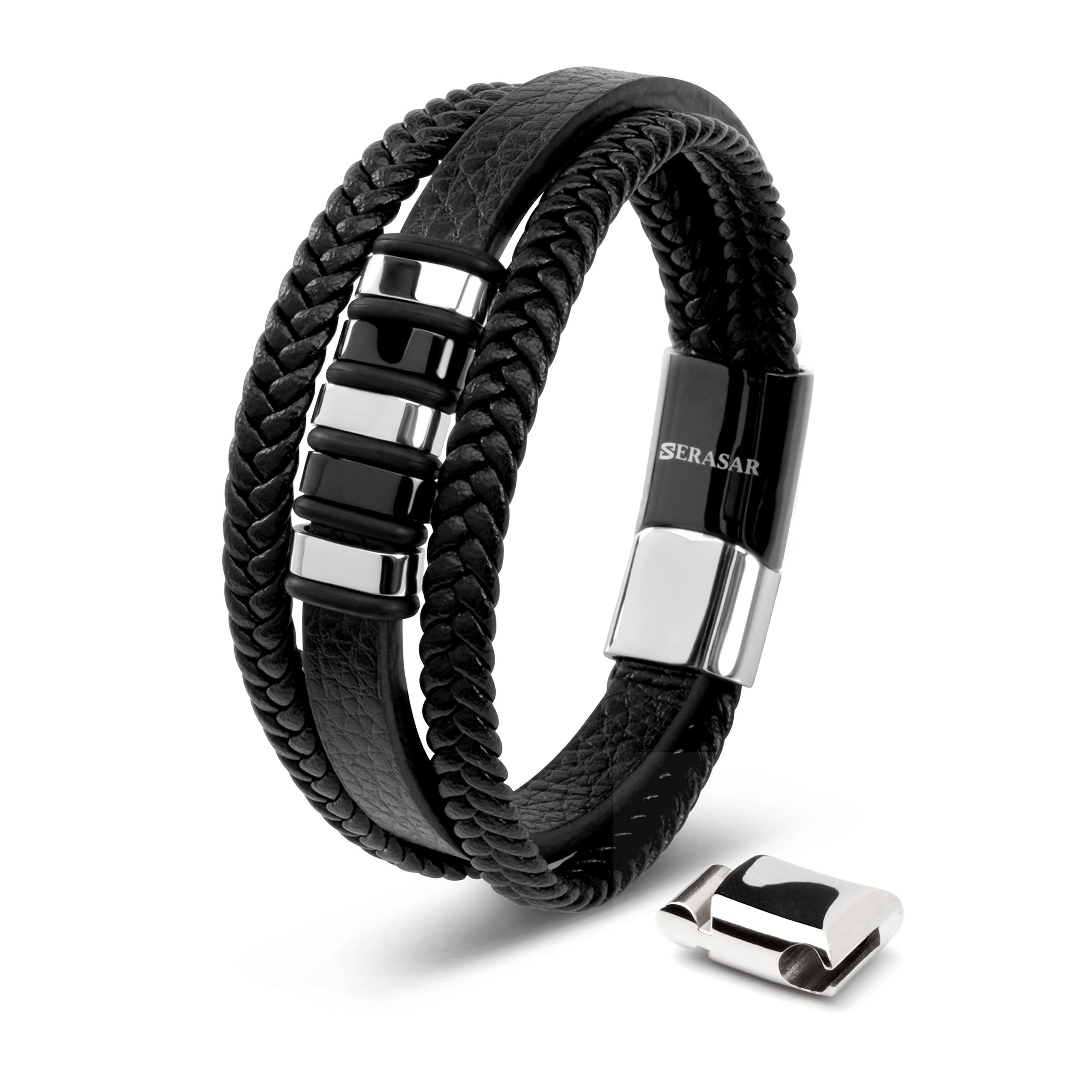 SERASAR Man's Leather Bracelet "Glory" with stainless steel magnetic closure, Silver 20cm, including gift box