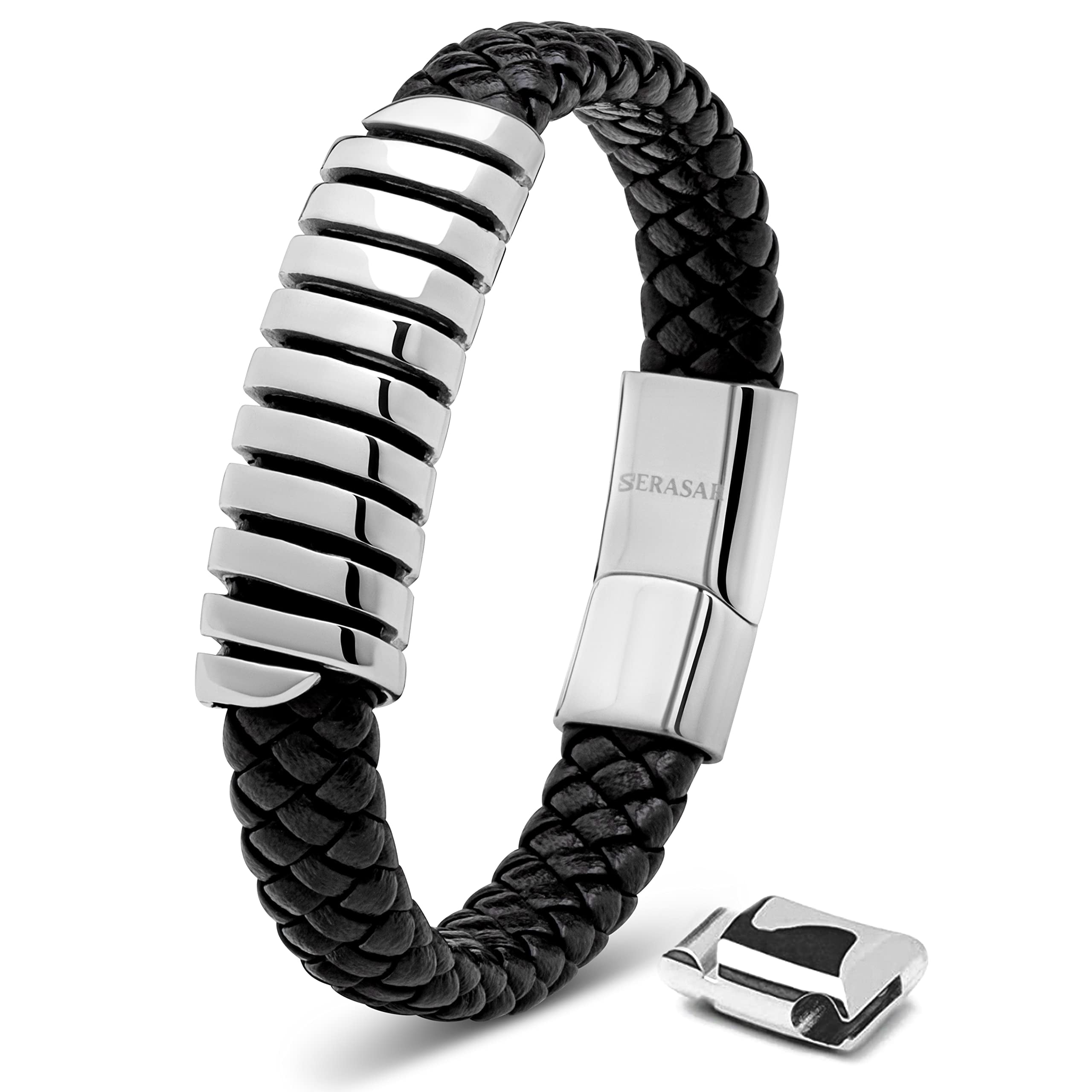 SERASAR Leather Bracelet for Man "Helix" with stainless steel magnetic closure, Silver 23cm, including gift box