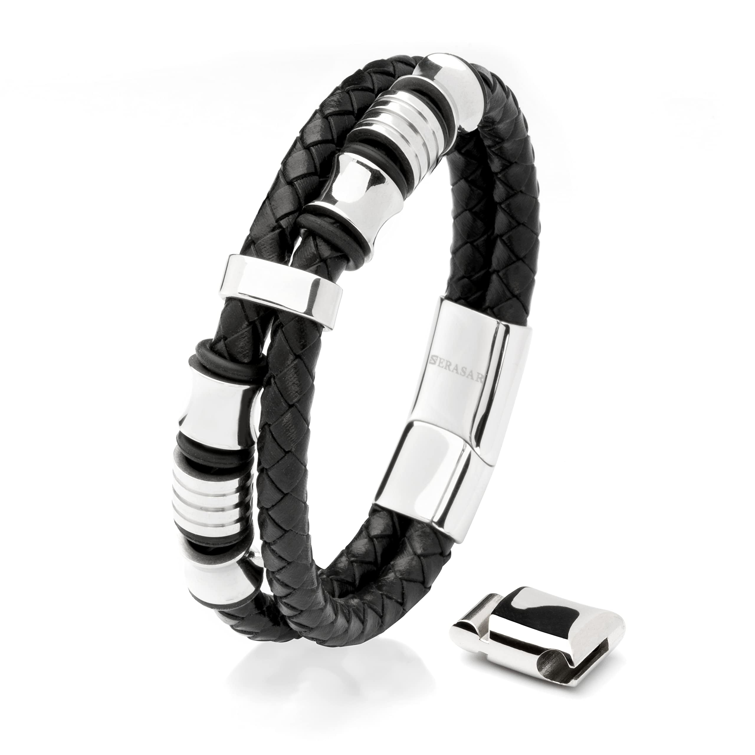SERASAR Man's Premium Leather Bracelet "Spirit" with stainless steel magnetic closure, Silver 20cm, including gift box