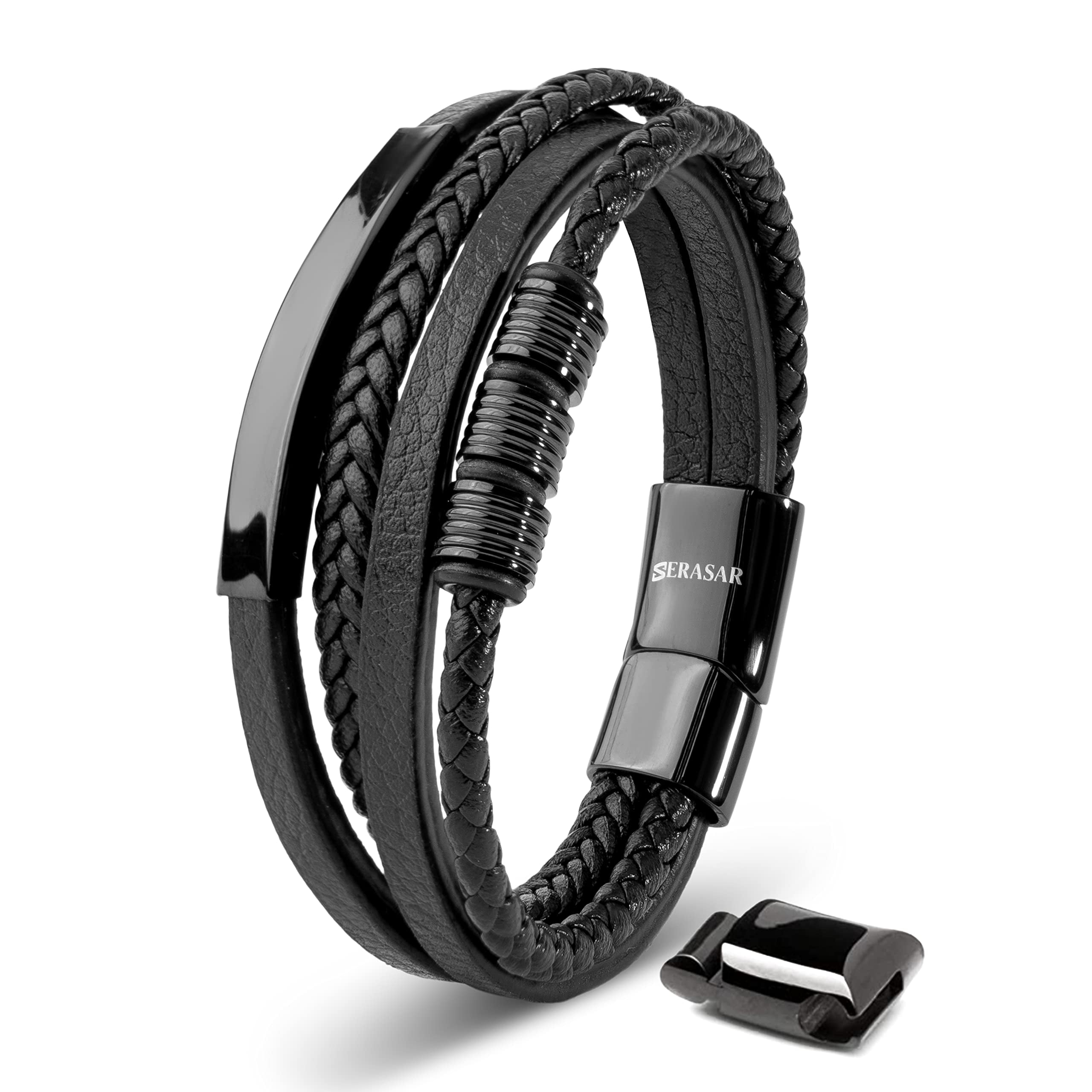 SERASAR Leather Bracelet for Men "Brave" with stainless steel magnetic closure, Black 17cm, including gift box