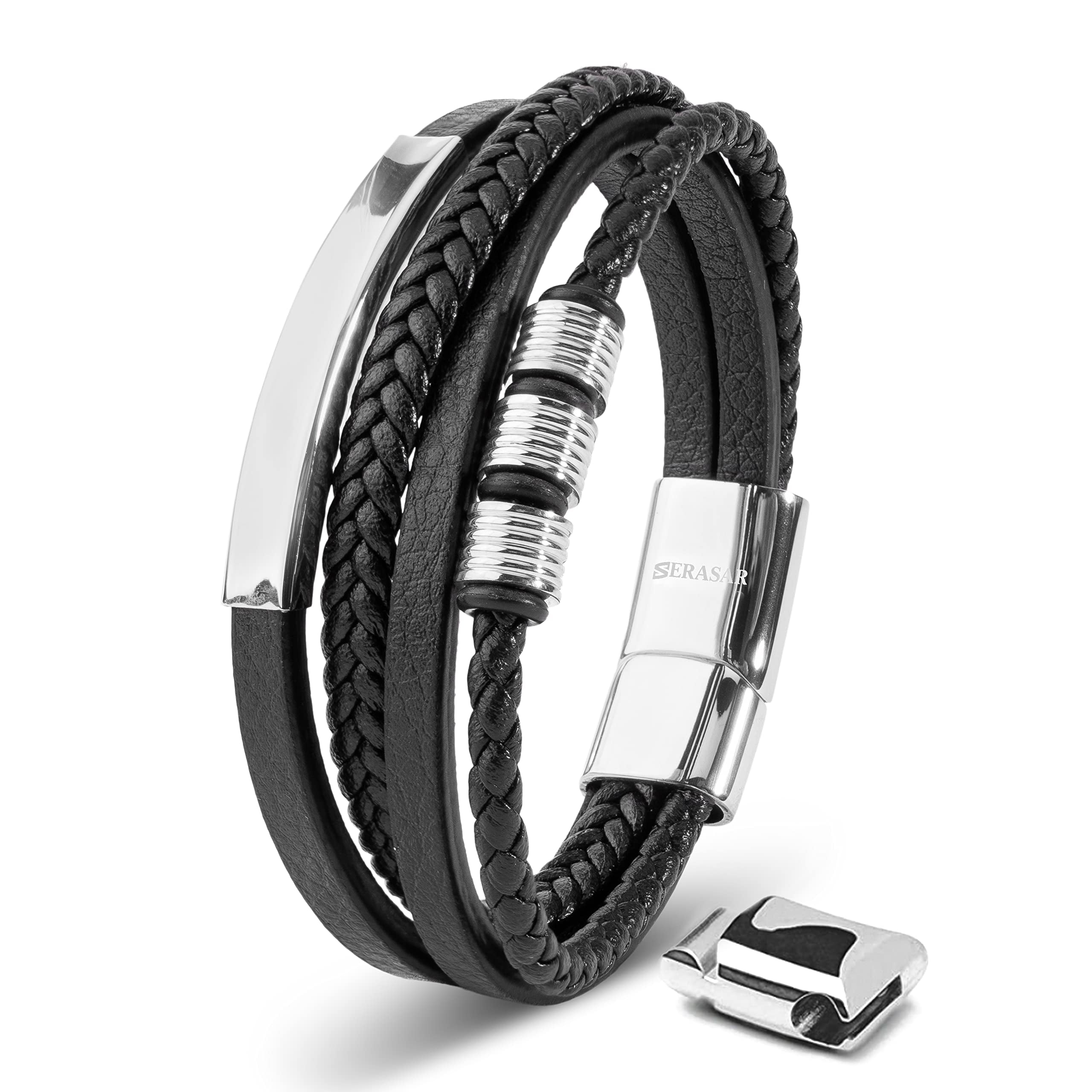 SERASAR Leather Bracelet for Men "Brave" with stainless steel magnetic closure, Silver 20cm, including gift box