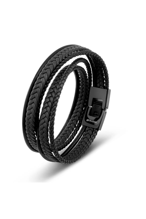 Men's Premium Leather Bracelet "Wrap" Black 40cm, including gift box