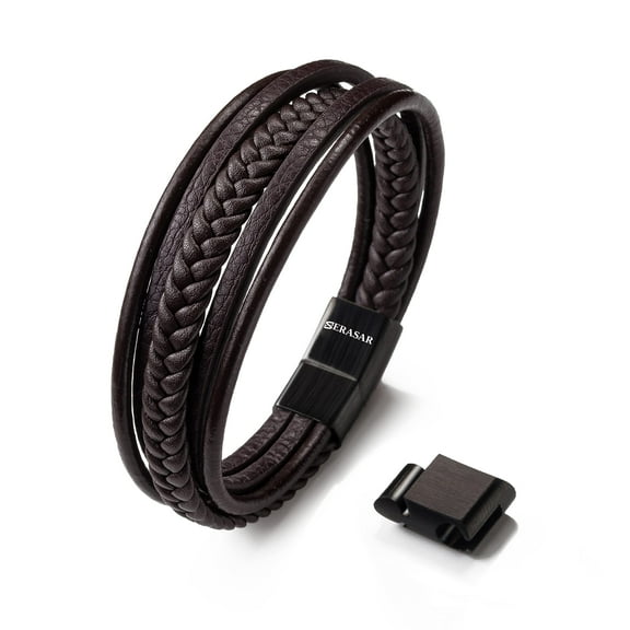 SERASAR Men's Genuine Leather Bracelet "Braid" with stainless steel magnetic closure, Brown 17cm, including gift box