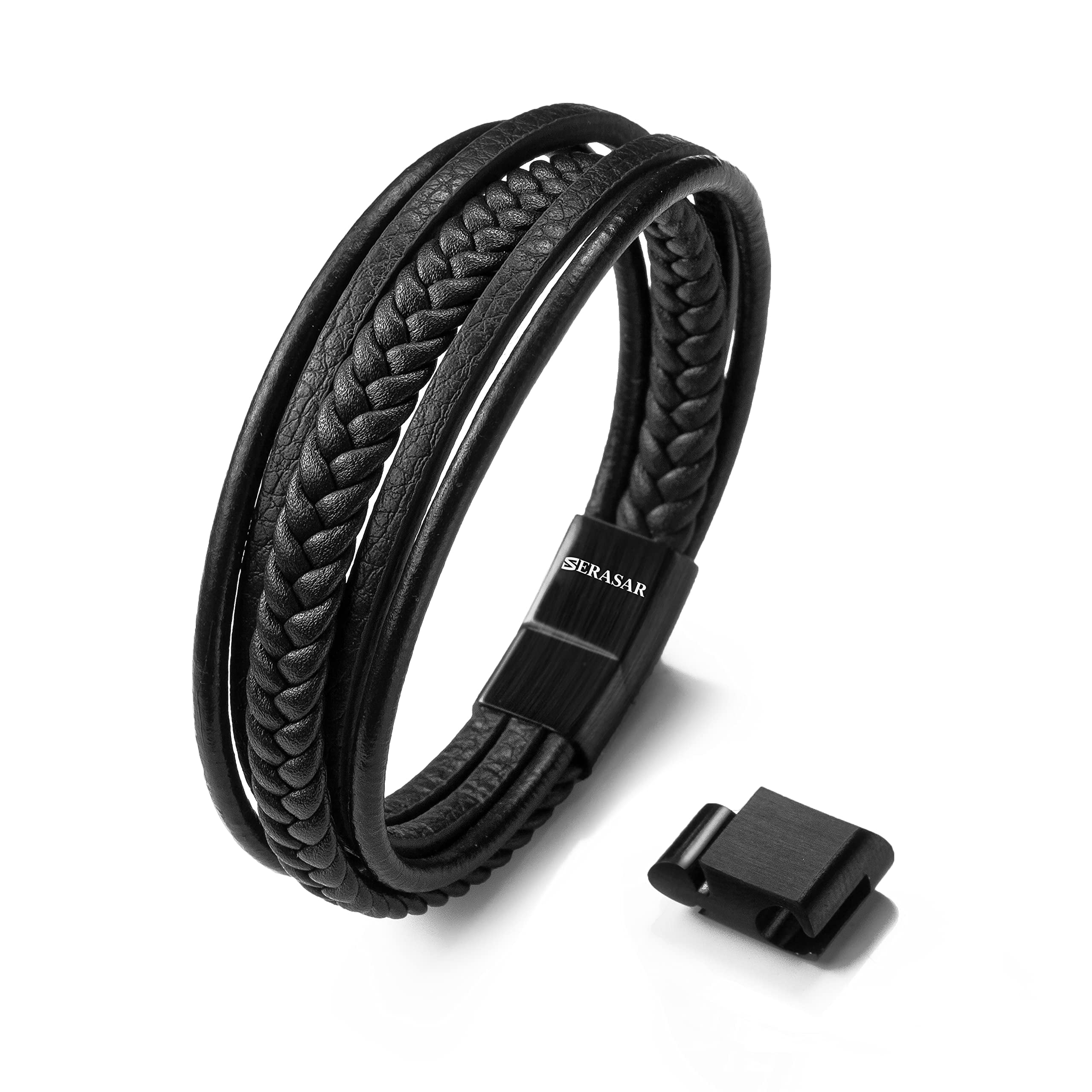 SERASAR Men's Genuine Leather Bracelet "Braid" with stainless steel magnetic closure, Black 19cm, including gift box