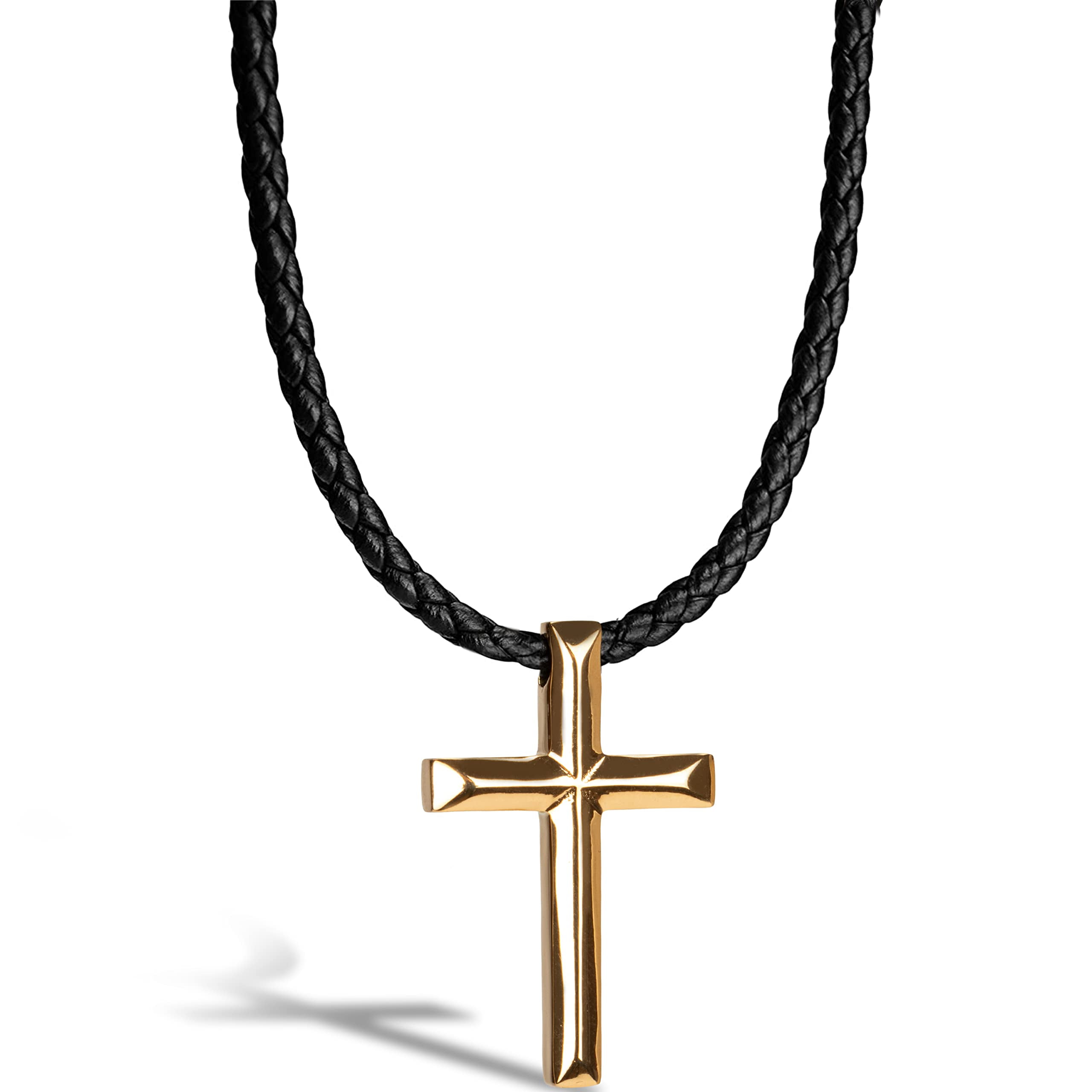 SERASAR Men's Genuine Leather Necklace "Cross" with Stainless steel Pendant and Magnetic Closure, Gold 50cm, incliding Gift box