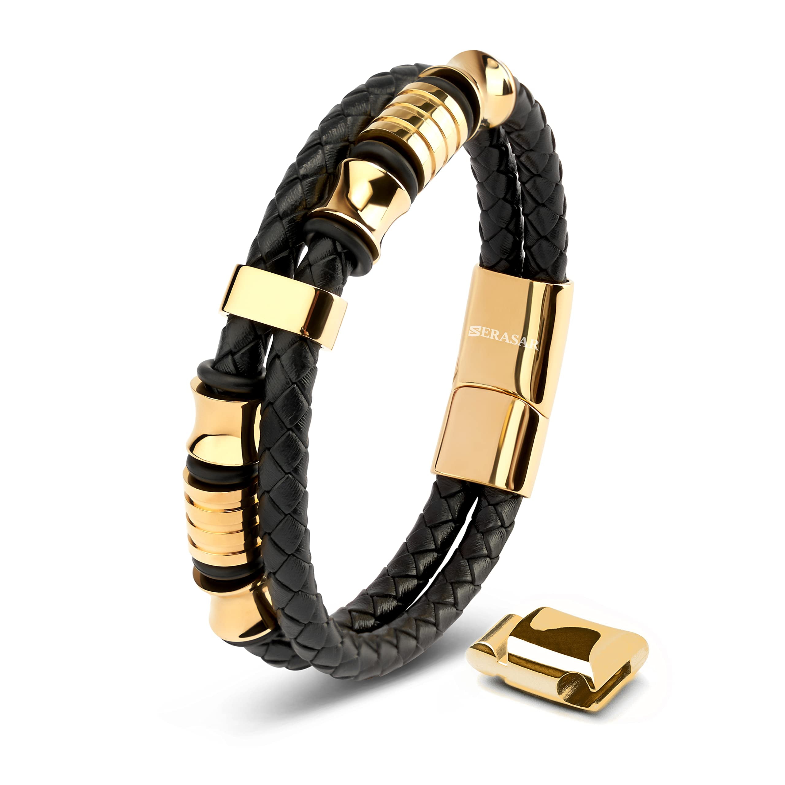 SERASAR Men's Premium Leather Bracelet "Spirit" with stainless steel magnetic closure, Gold 23cm, including gift box