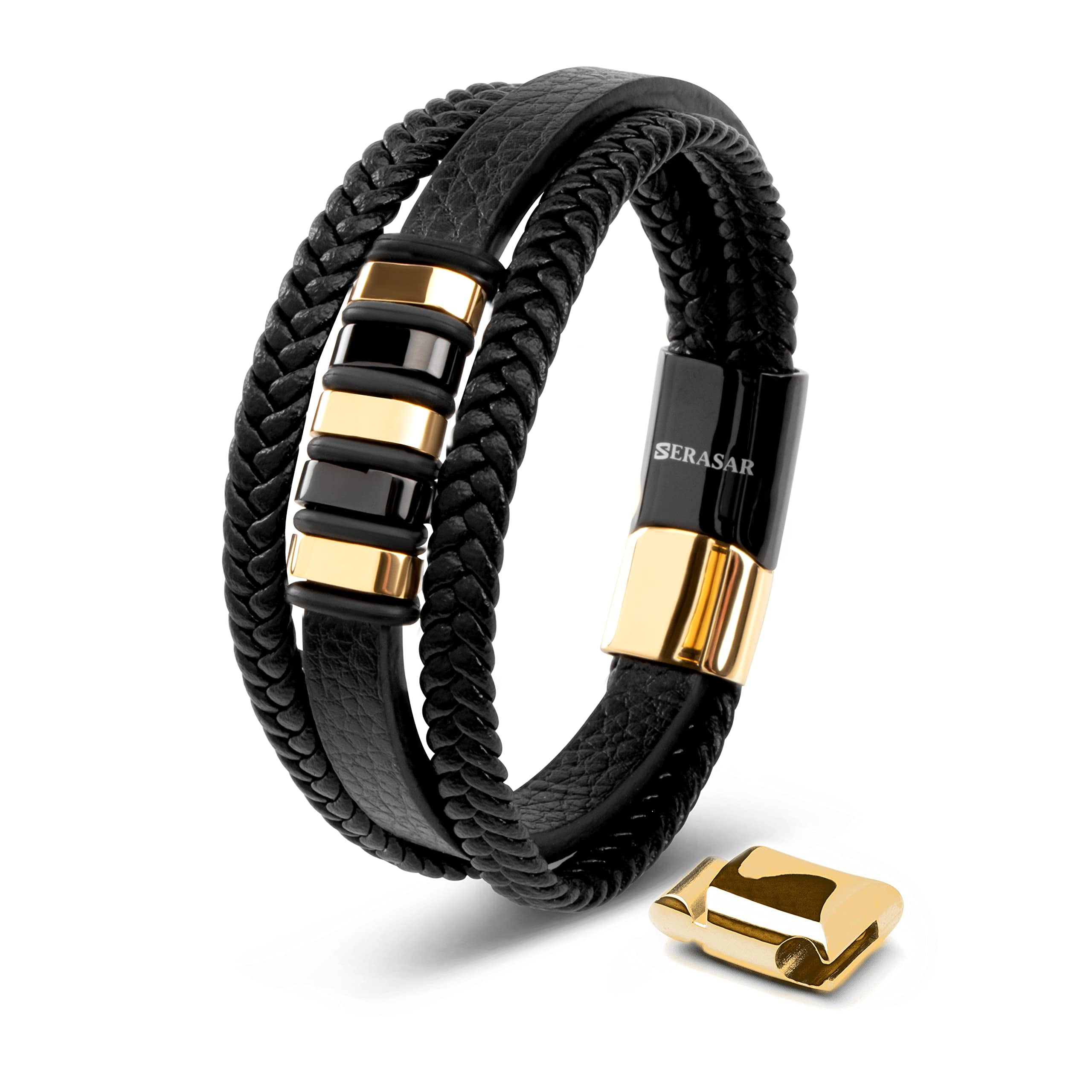 SERASAR Men's Leather Bracelet "Glory" with stainless steel magnetic closure, Gold 20cm, including gift box