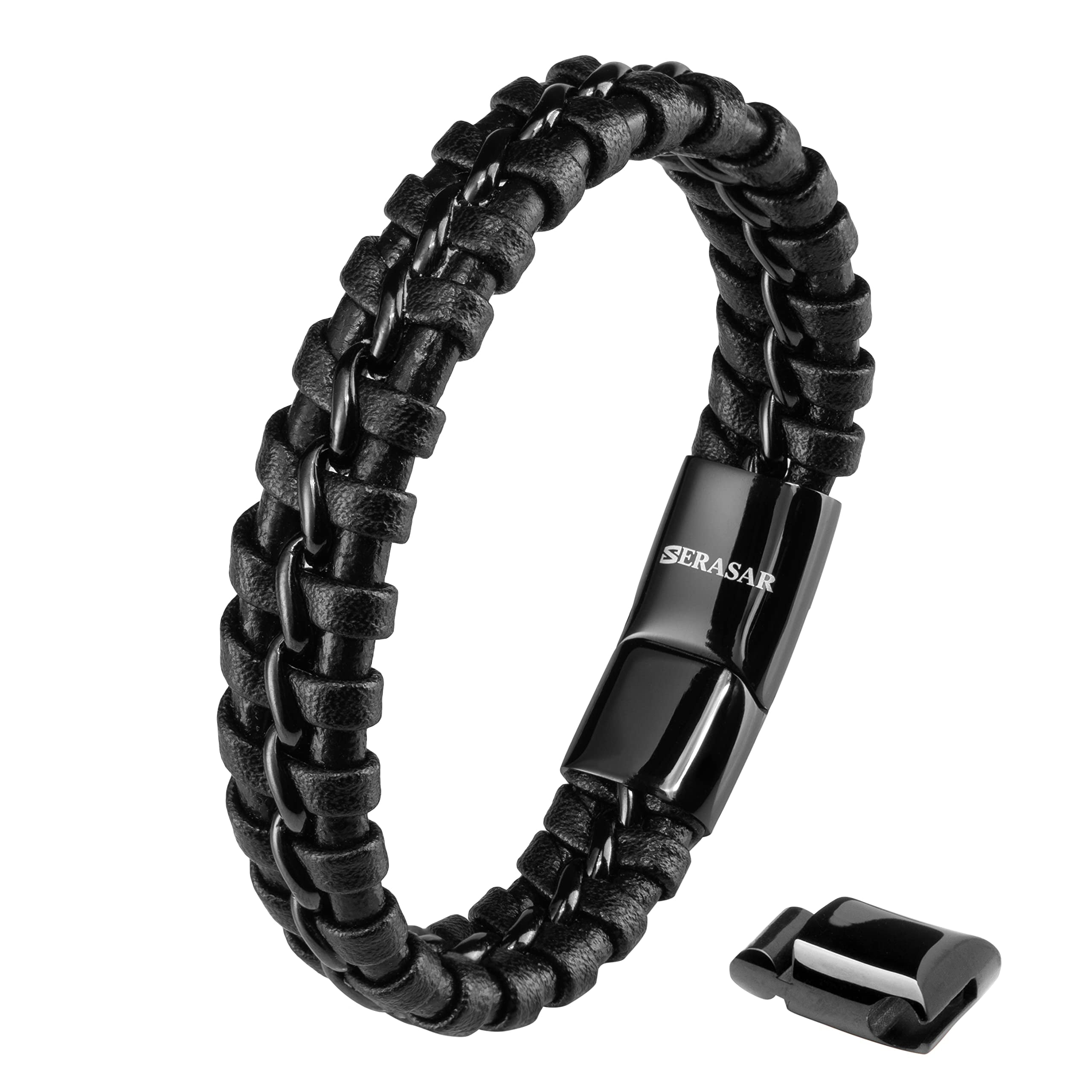 SERASAR Leather Bracelet for Man "Joy" with stainless steel magnetic closure, Black 23cm, including gift box
