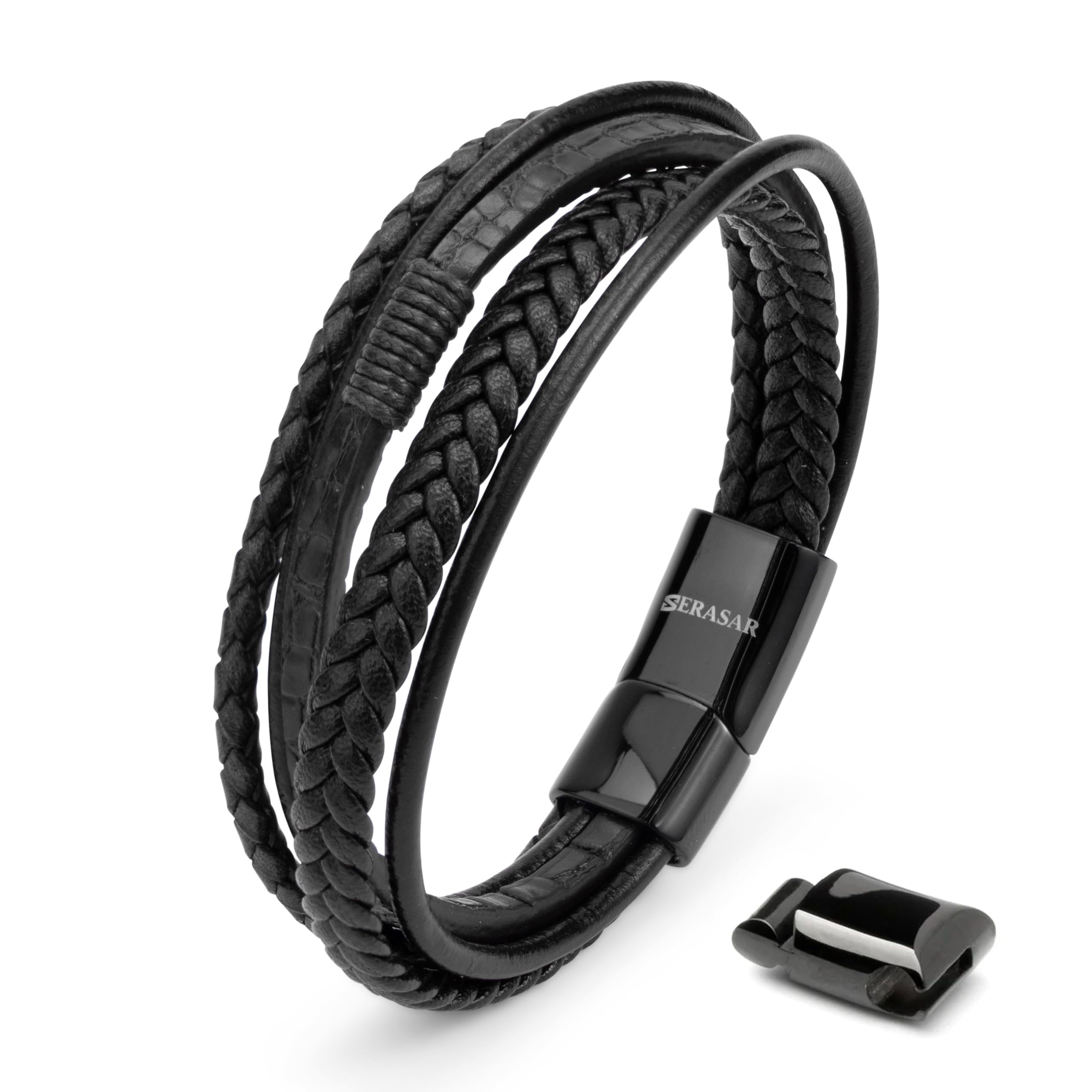SERASAR Men's Premium Leather Bracelet "Wild" with stainless steel magnetic closure, Black 23cm, including gift box