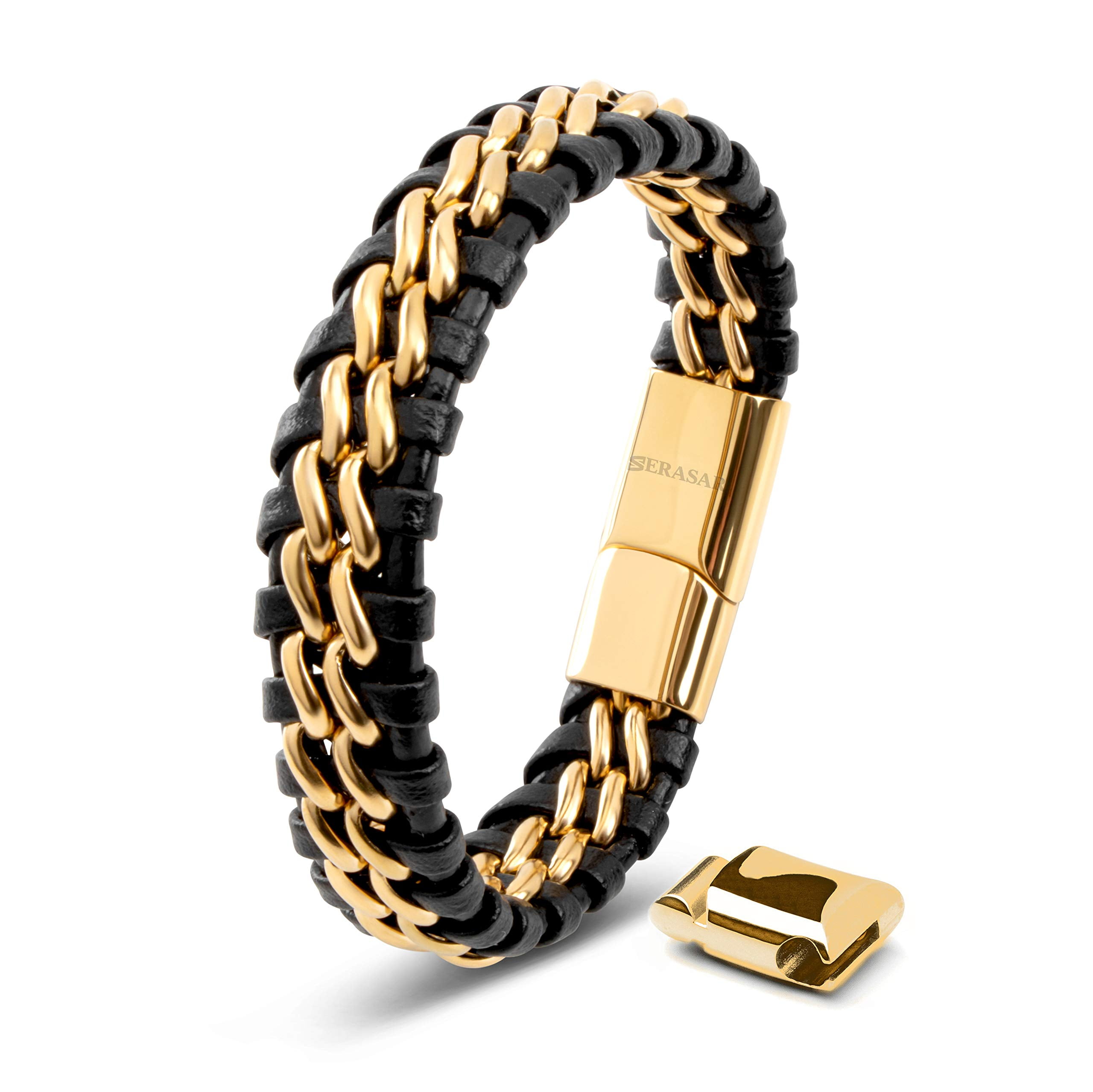 SERASAR Leather Bracelet for Men "Steel" with stainless steel magnetic closure, Gold 23cm, including gift box
