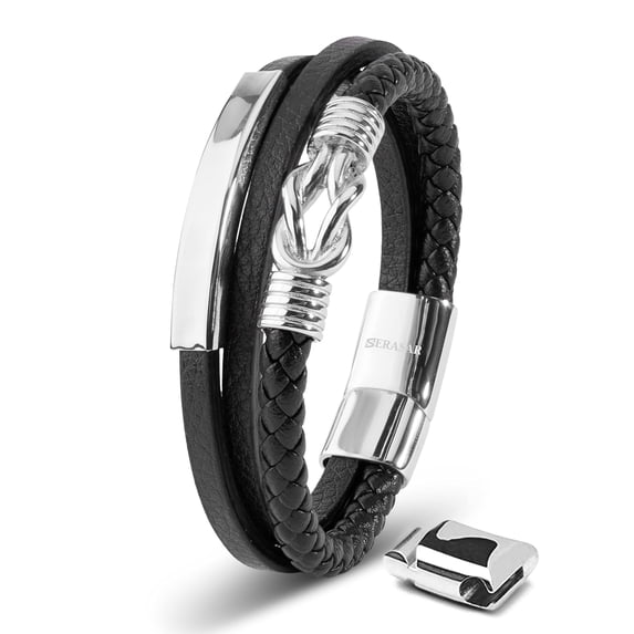 SERASAR Man's Leather Bracelet "Proud" with stainless steel magnetic closure, Silver 20cm, including gift box