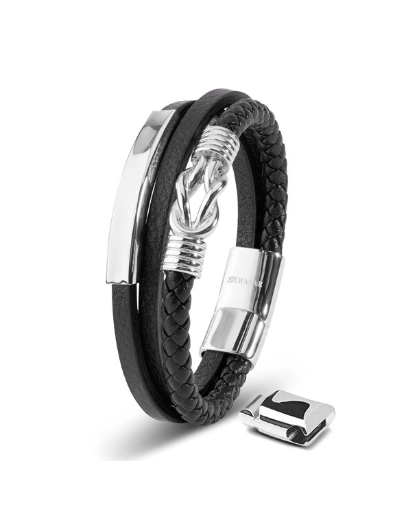 Man's Leather Bracelet "Proud" with stainless steel magnetic closure, Silver 20cm, including gift box