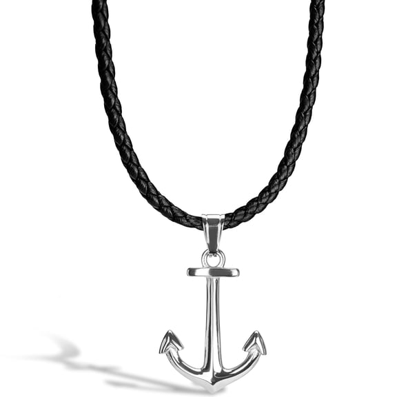 SERASAR Leather Necklace for Men "Anchor" with Stainless steel Pendant and Magnetic Closure, Silver 60cm, incliding Gift box