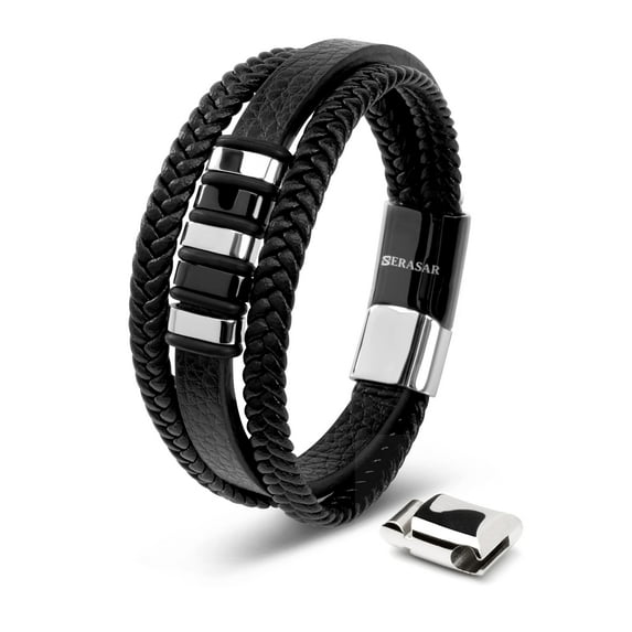 SERASAR Men's Leather Bracelet "Glory" with stainless steel magnetic closure, Silver 17cm, including gift box