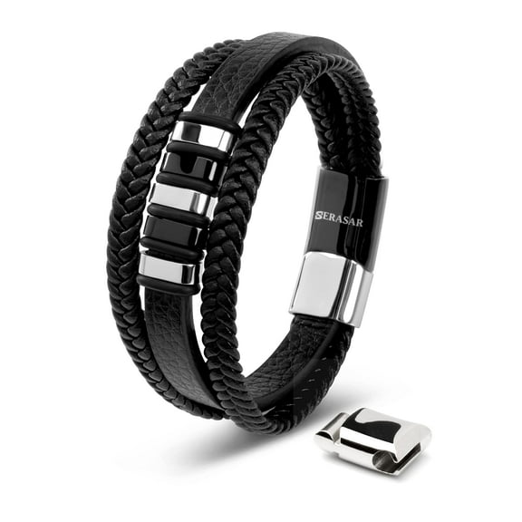 SERASAR Men's Leather Bracelet "Glory" with stainless steel magnetic closure, Silver 17cm, including gift box