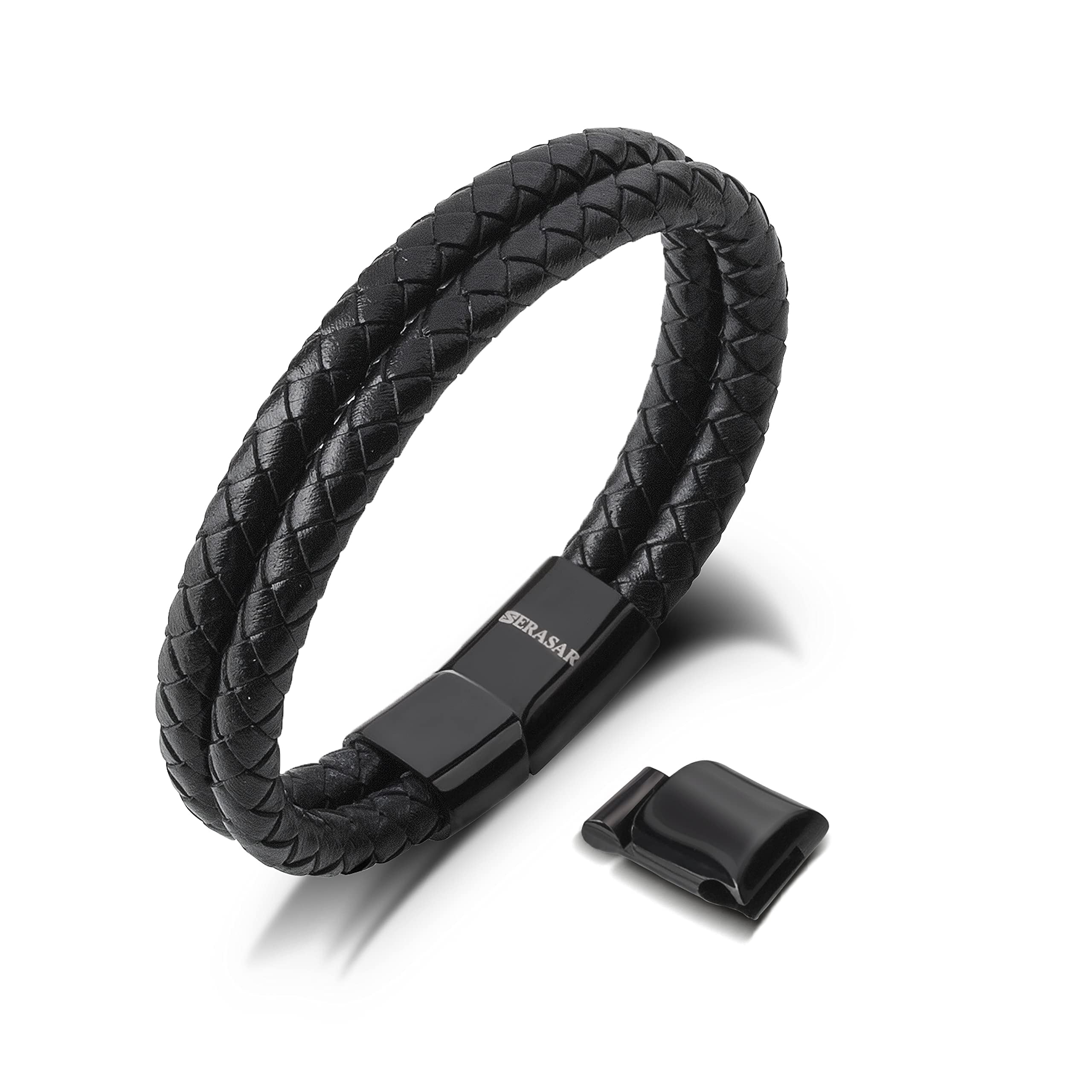 SERASAR Leather Bracelet for Men "Double" with stainless steel magnetic closure, Black 17cm, including gift box