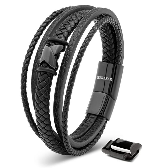 SERASAR Men's Premium Leather Bracelet "Flake" with stainless steel magnetic closure, Black 17cm, including gift box