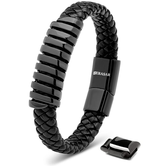 SERASAR Leather Bracelet for Men "Helix" with stainless steel magnetic closure, Black 17cm, including gift box