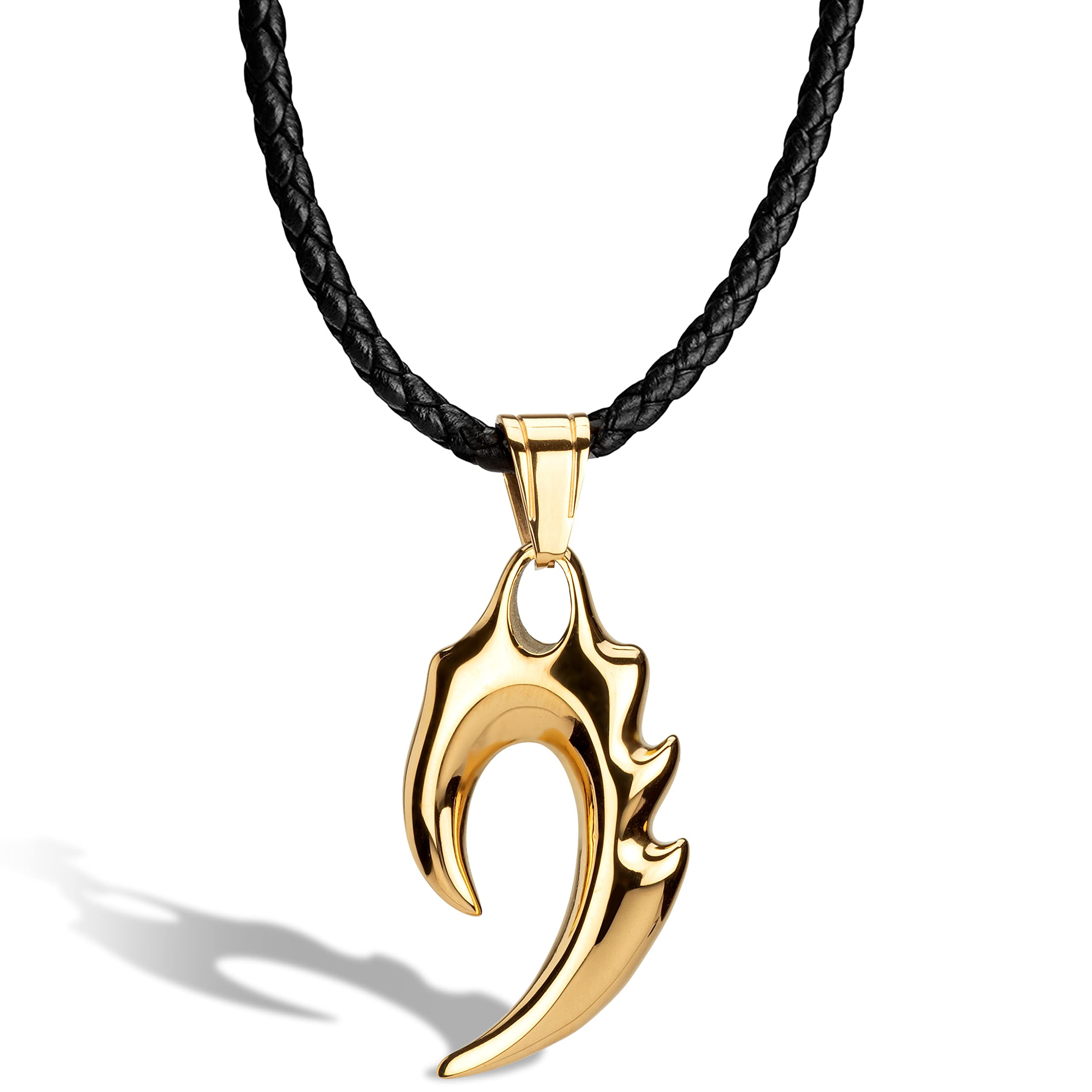 SERASAR Men's Leather necklace "Flame" with Stainless steel Pendant and Magnetic Closure, Gold 50cm, incliding Gift box