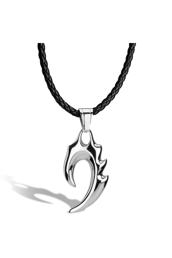 Men's Leather necklace "Flame" with Stainless steel Pendant and Magnetic Closure, Silver 60cm, incliding Gift box