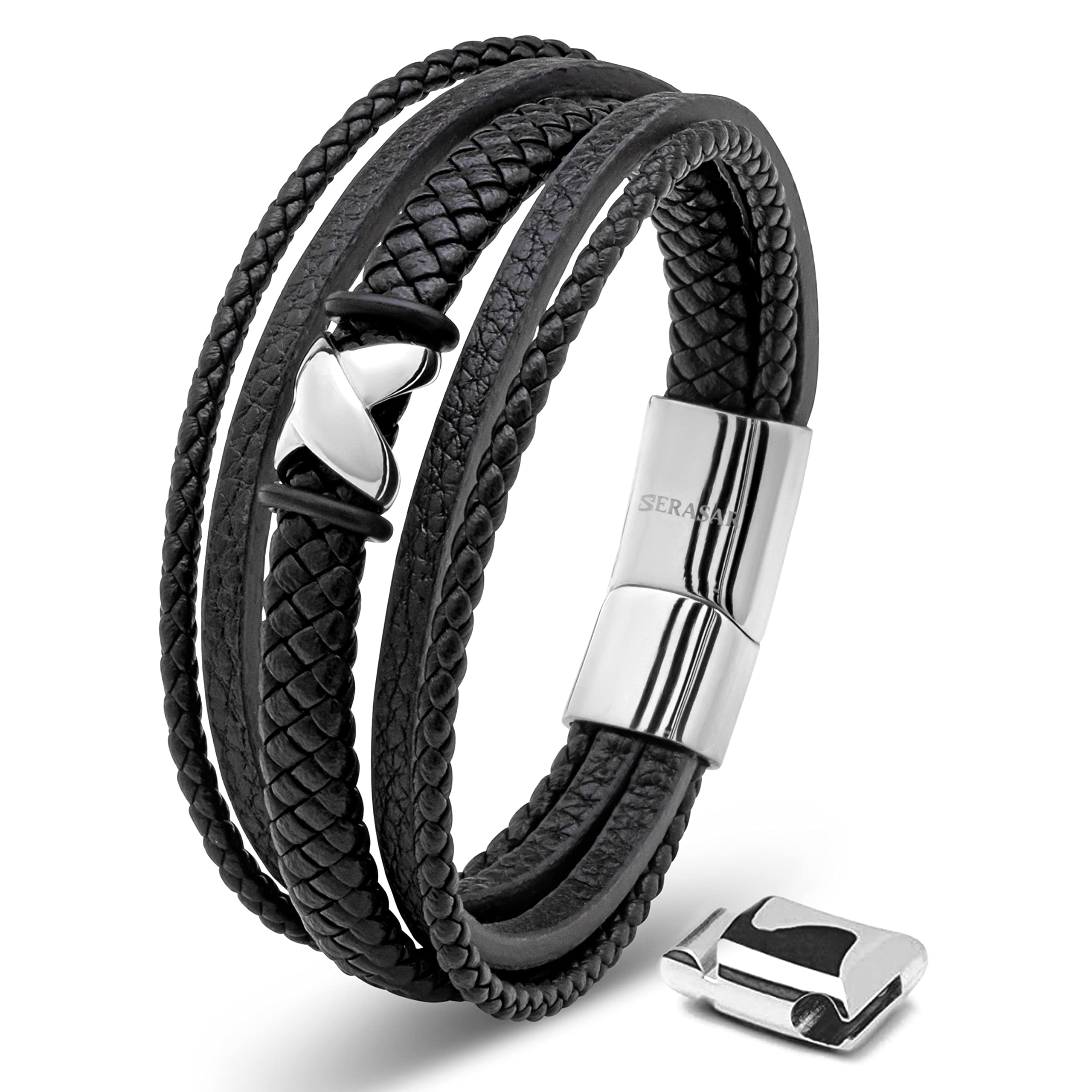 SERASAR Men's Premium Leather Bracelet "Flake" with stainless steel magnetic closure, Silver 17cm, including gift box