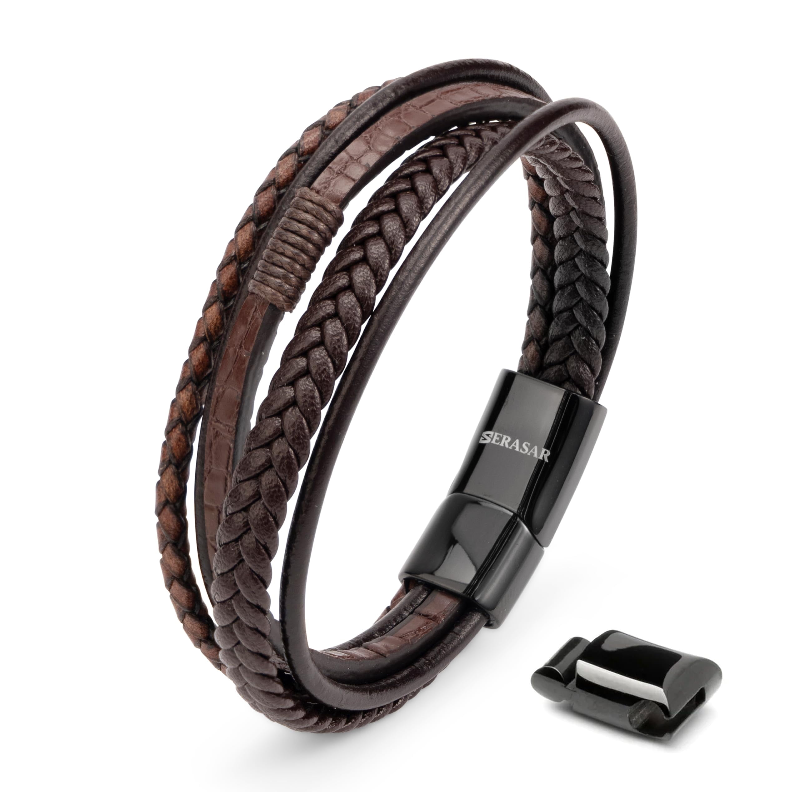 SERASAR Men's Premium Leather Bracelet "Wild" with stainless steel magnetic closure, Brown 23cm, including gift box