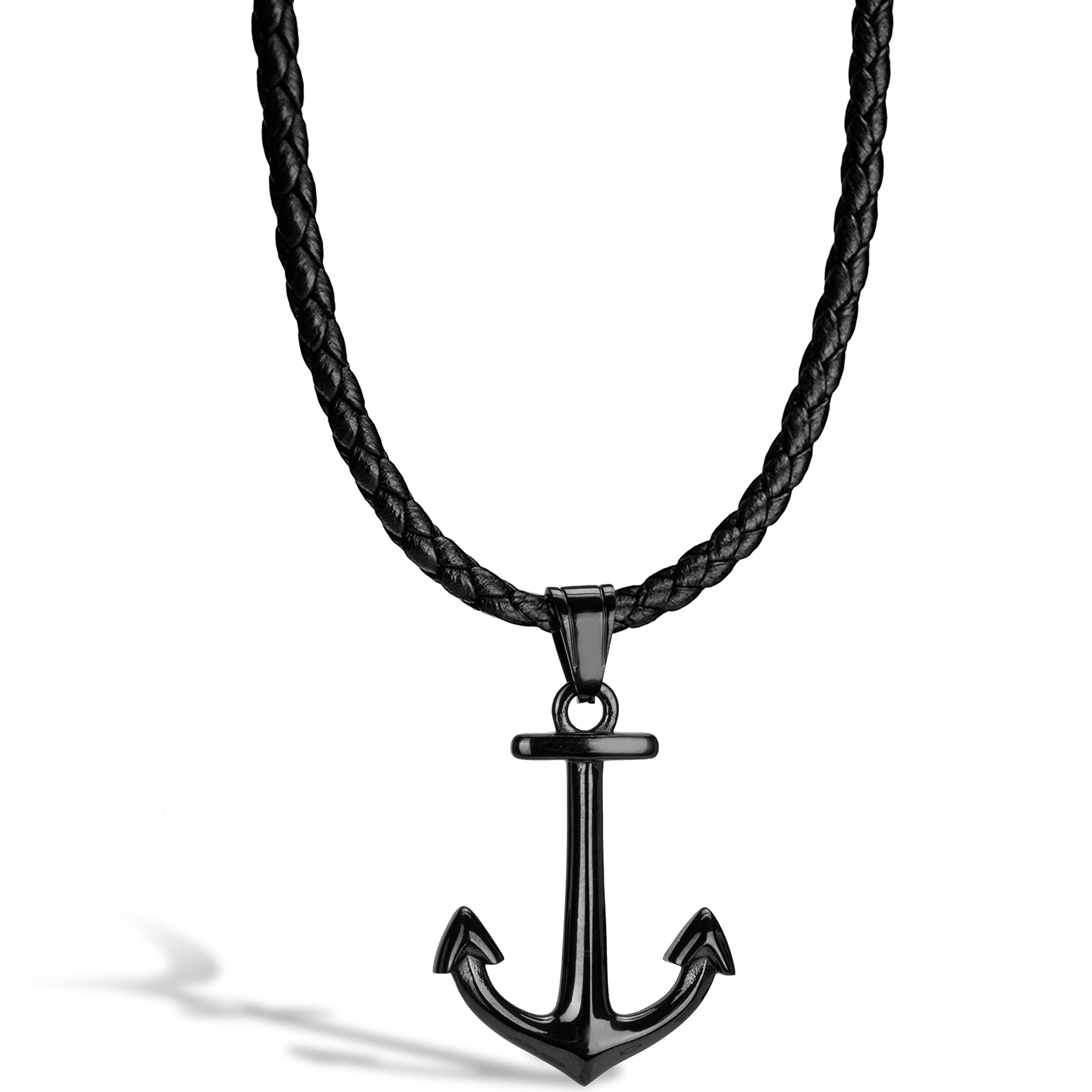 SERASAR Leather Necklace for Men "Anchor" with Stainless steel Pendant and Magnetic Closure, Black 60cm, incliding Gift box