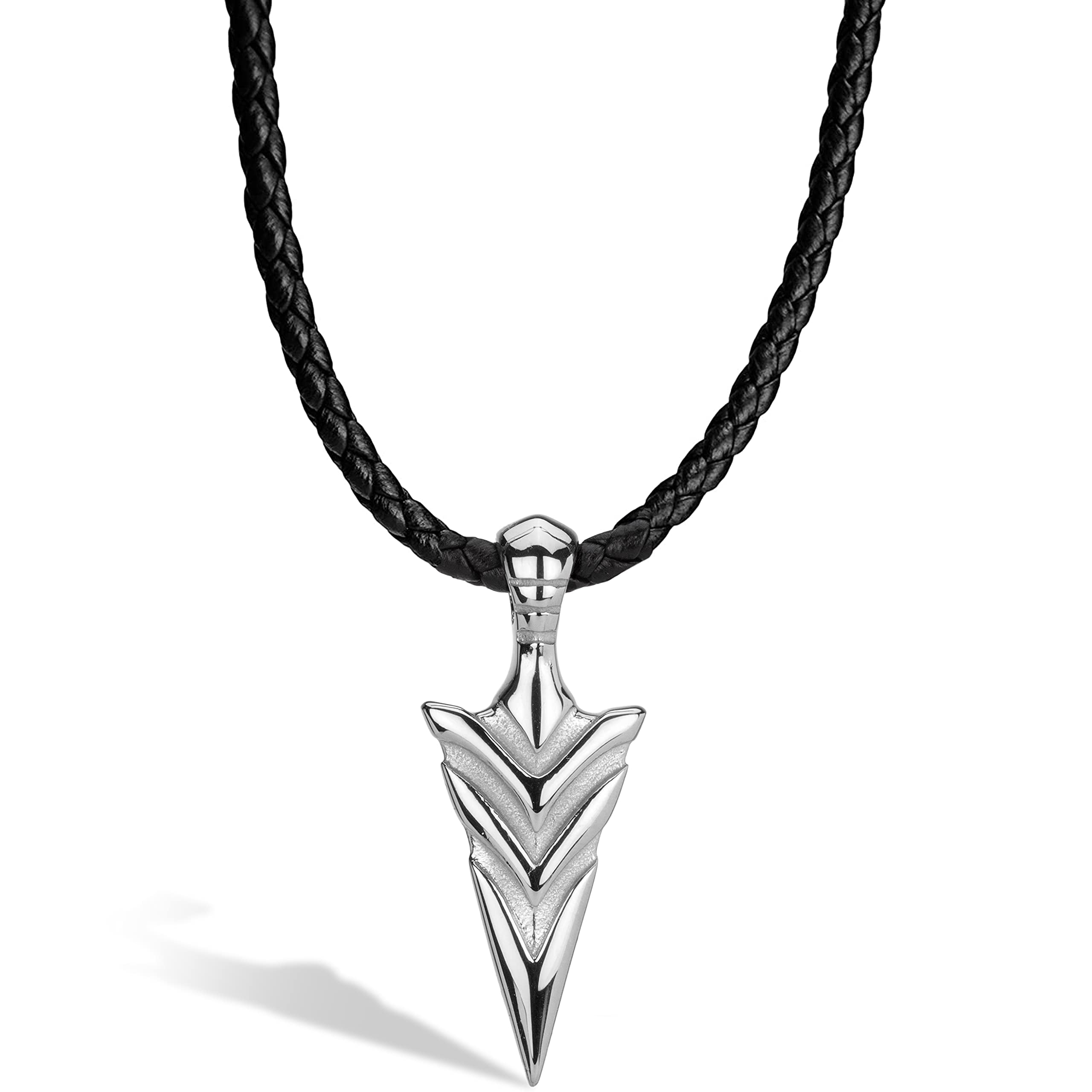 SERASAR Men's Premium Leather necklace "Arrow" with Stainless steel Pendant and Magnetic Closure, Silver 50cm, incliding Gift box