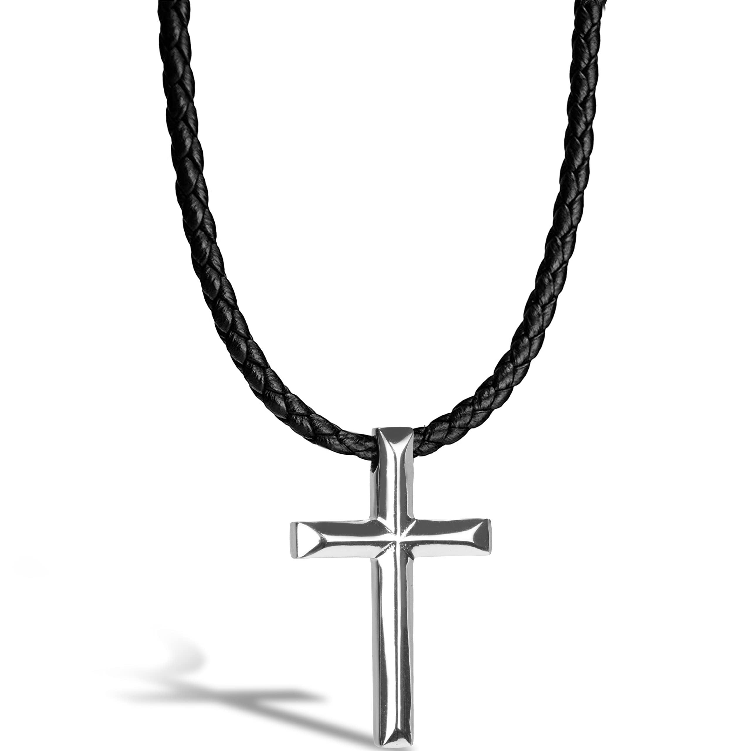 SERASAR Men s Genuine Leather Necklace Cross with Stainless steel Pendant and Magnetic Closure Silver 50cm incliding Gift box