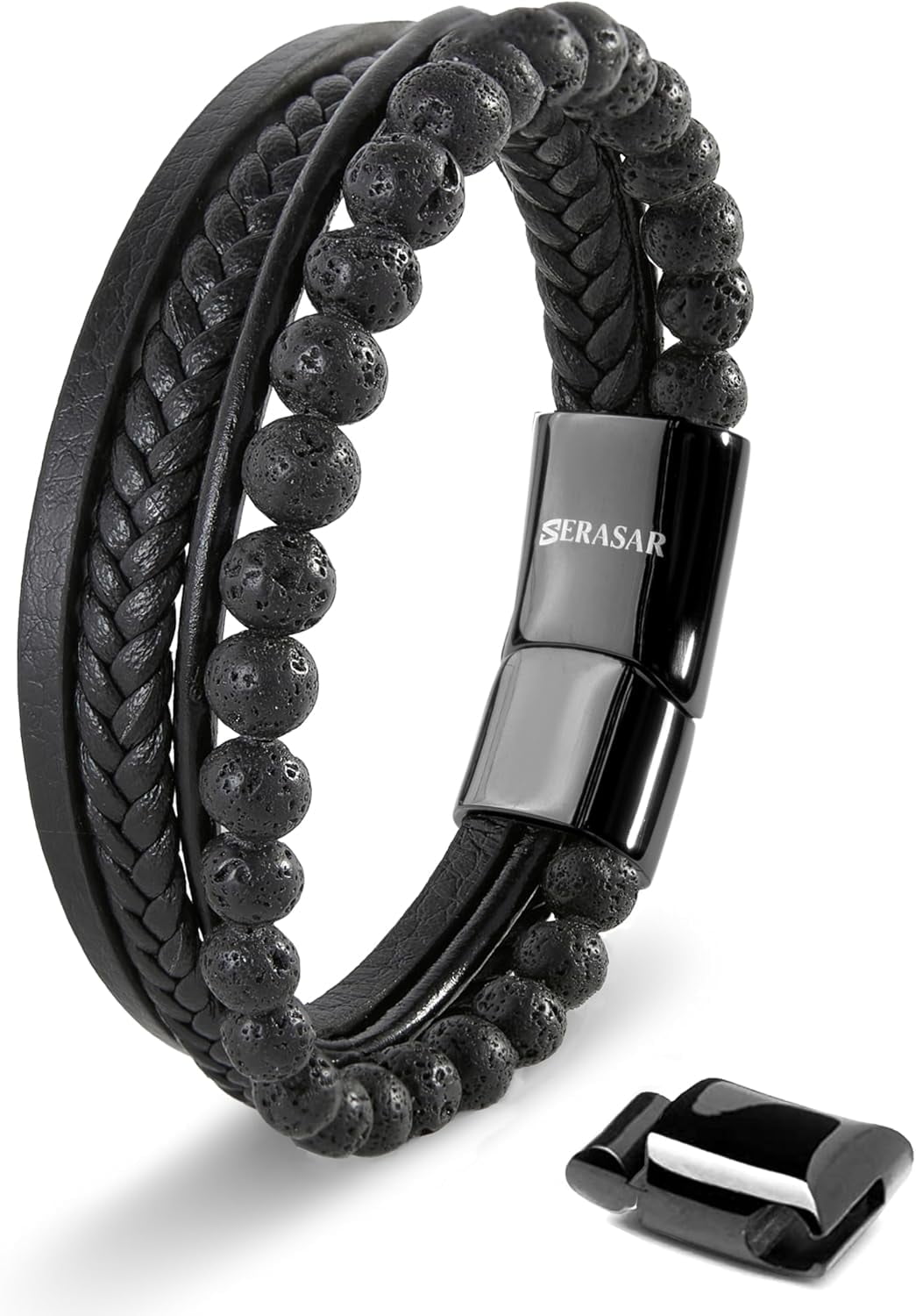 SERASAR Premium Genuine Leather Bracelet for Men [Stone] in Black | Natural Stone Beads | 20cm | Stainless Steel Magnetic Clasp | Includes Jewelry Box
