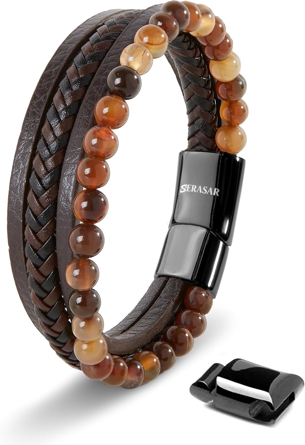 SERASAR Premium Genuine Leather Bracelet for Men [Stone] in Brown | Natural Stone Beads | 17cm | Stainless Steel Magnetic Clasp | Includes Jewelry Box