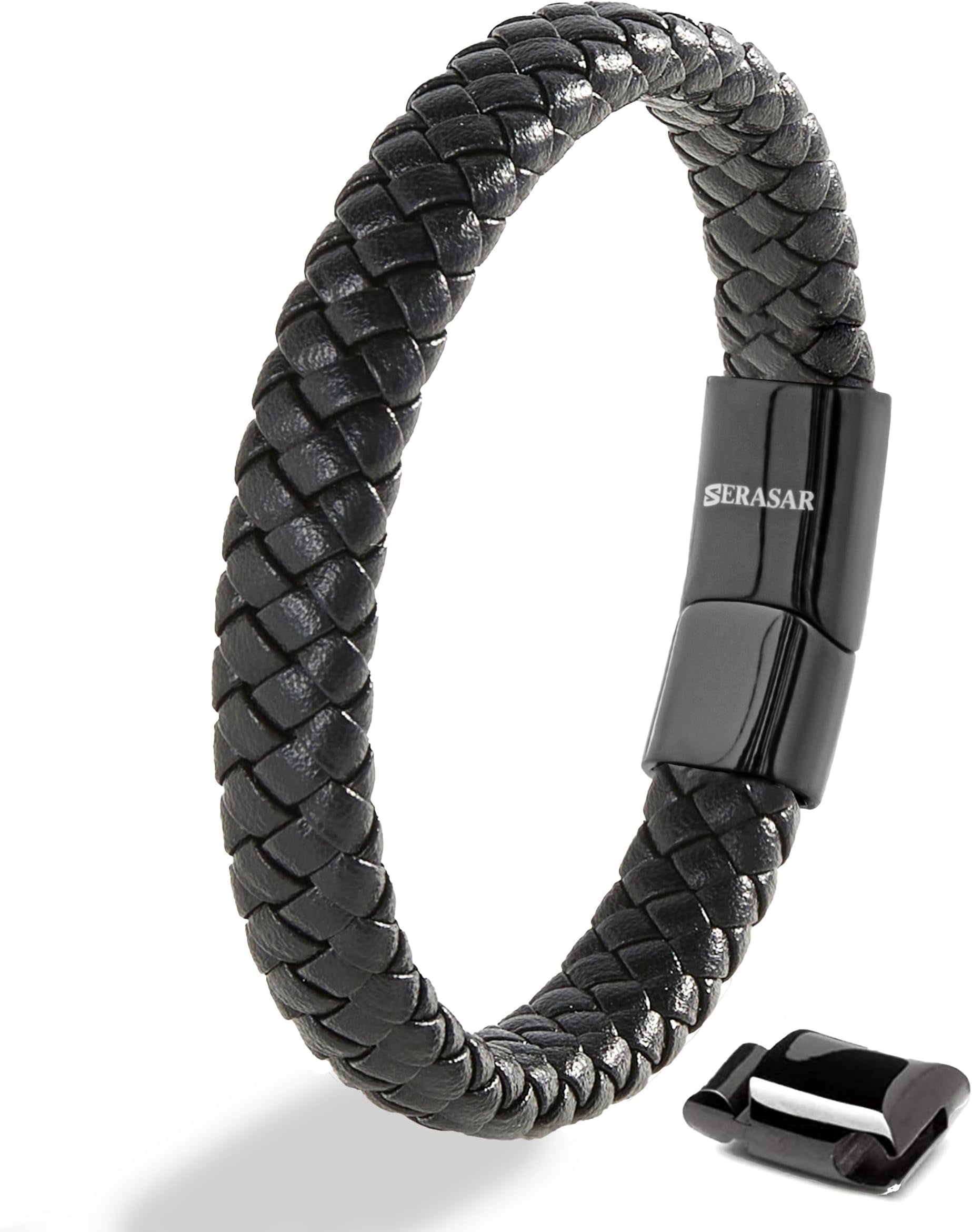 SERASAR Premium Genuine Leather Bracelet for Men [Steady] Black, 20cm, Stainless Steel Magnetic Clasp, Includes Jewelry Box, Great Gift for Men