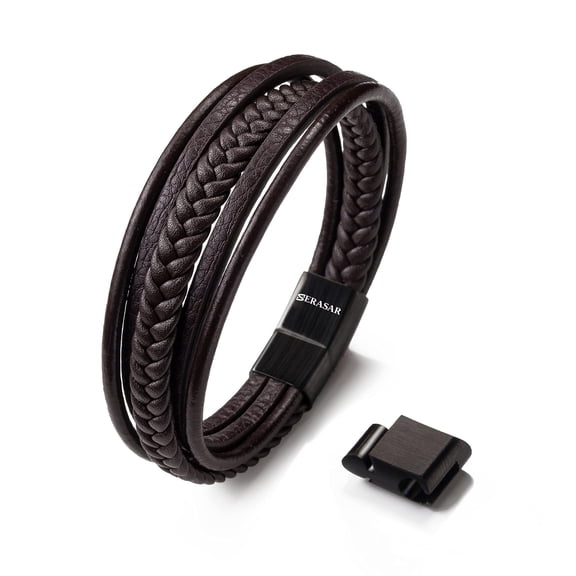 SERASAR Men's Genuine Leather Bracelet "Braid" with stainless steel magnetic closure, Brown 25cm, including gift box