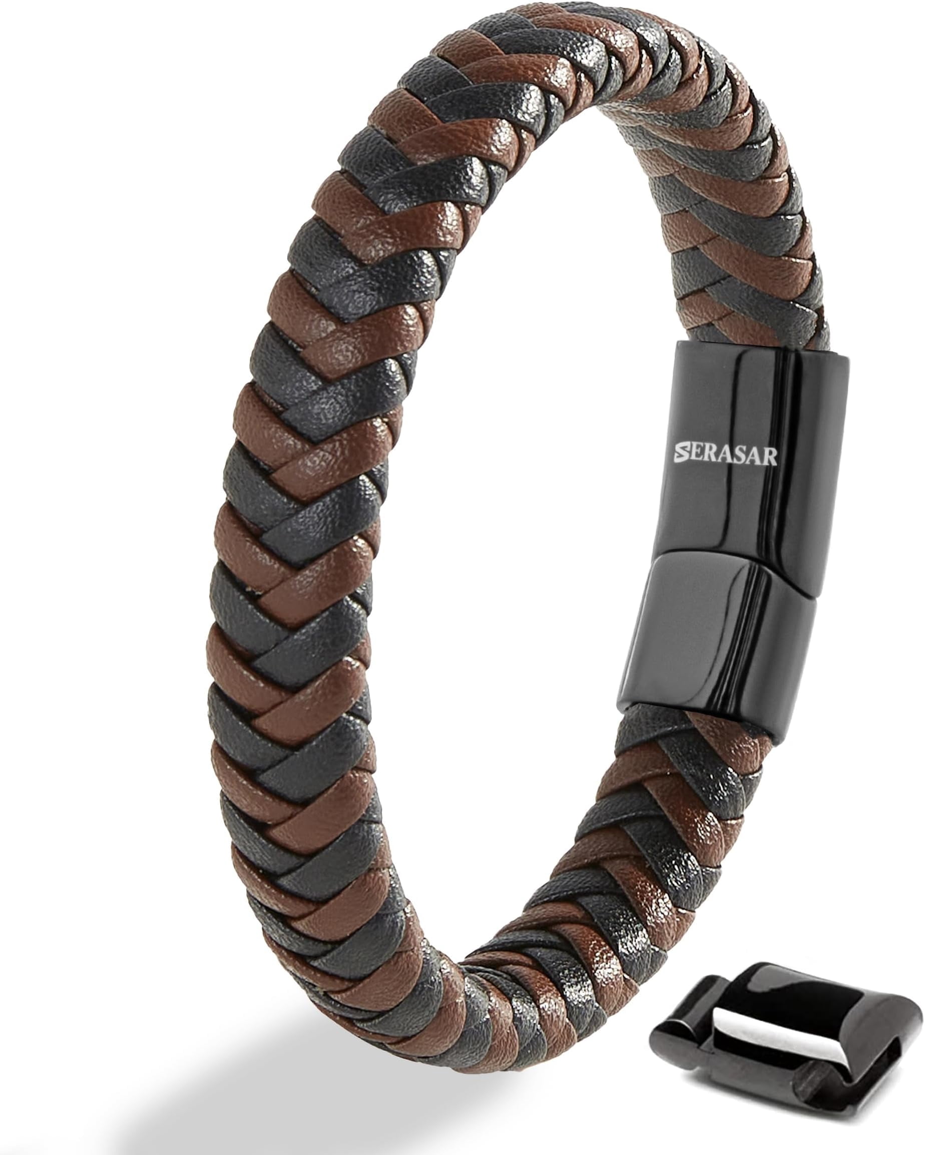 SERASAR Premium genuine leather bracelet for men [Steady] Brown, 20cm, Stainless steel magnetic clasp Includes jewelry box, Great gift for men