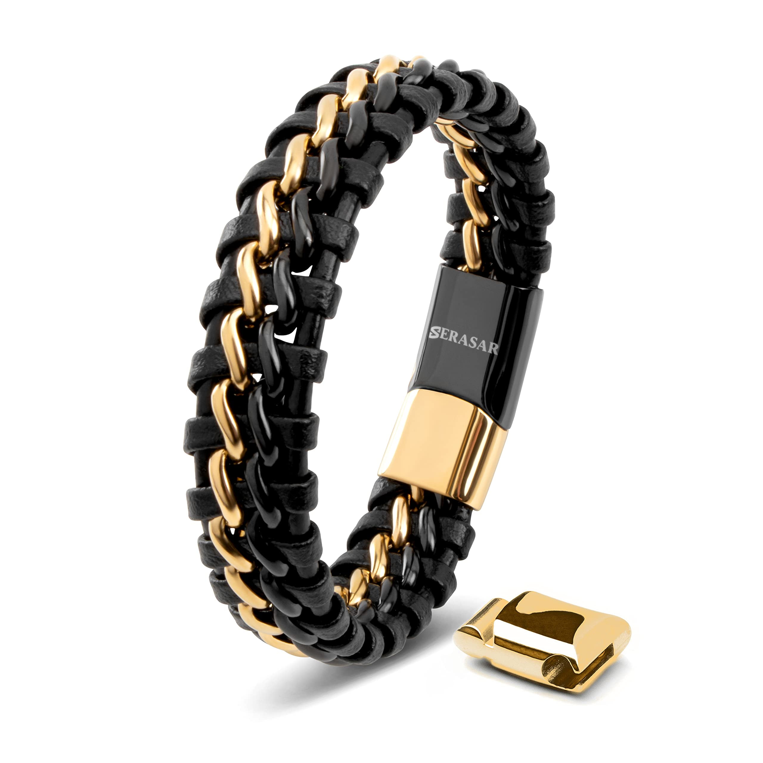 SERASAR Leather Bracelet for Man "Steel" with stainless steel magnetic closure, Gold/Black 20cm, including gift box