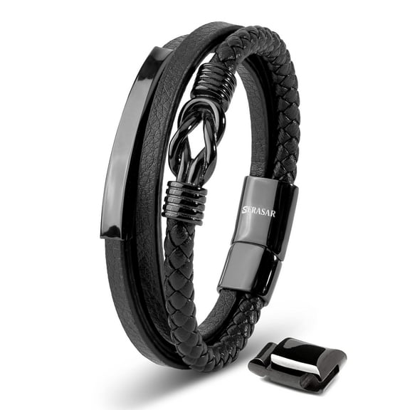 SERASAR Men's Leather Bracelet "Proud" with stainless steel magnetic closure, Black 20cm, including gift box